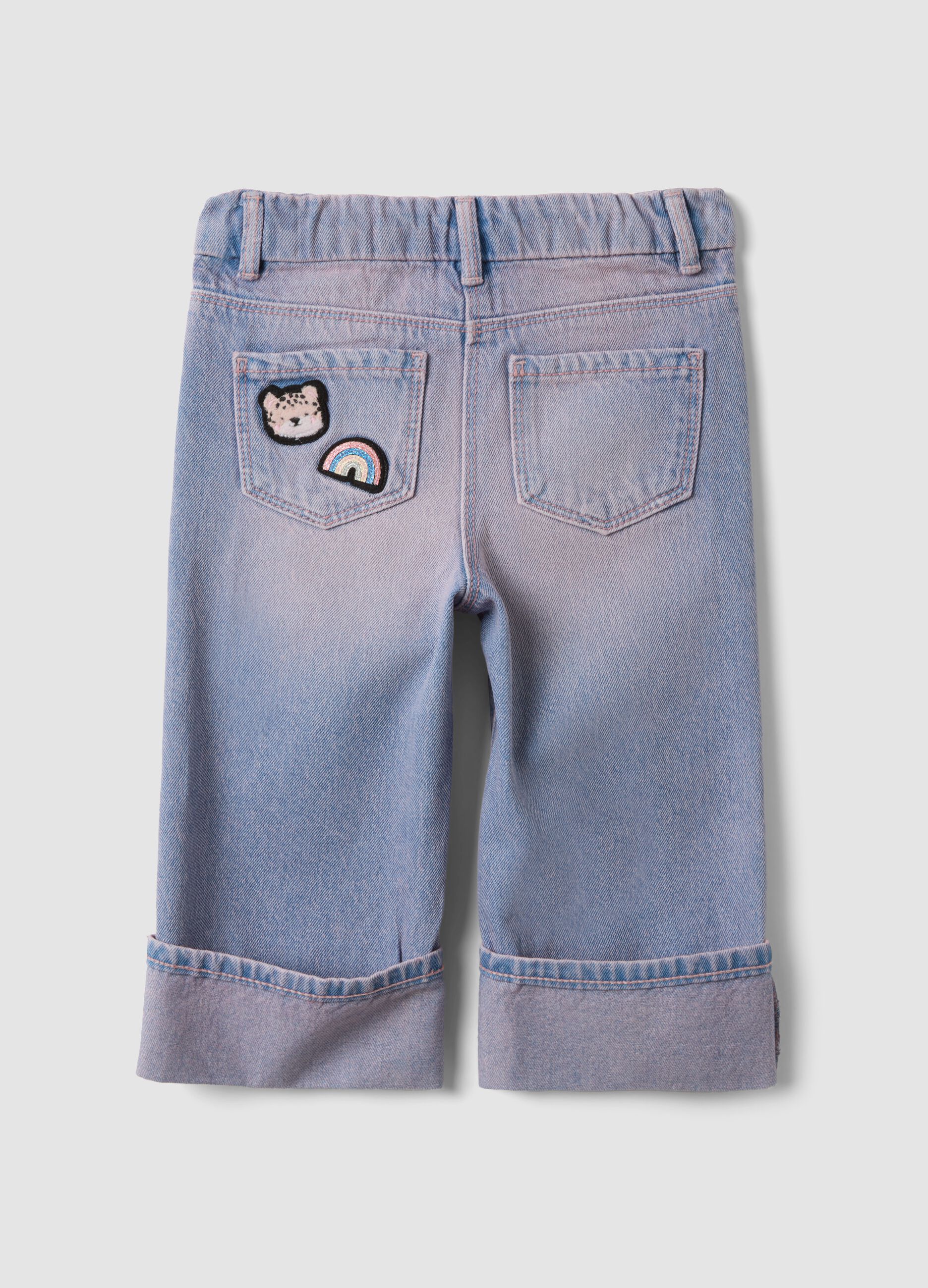 Blue denim straight-fit jeans in pure cotton with turn-up cuffs for baby girl