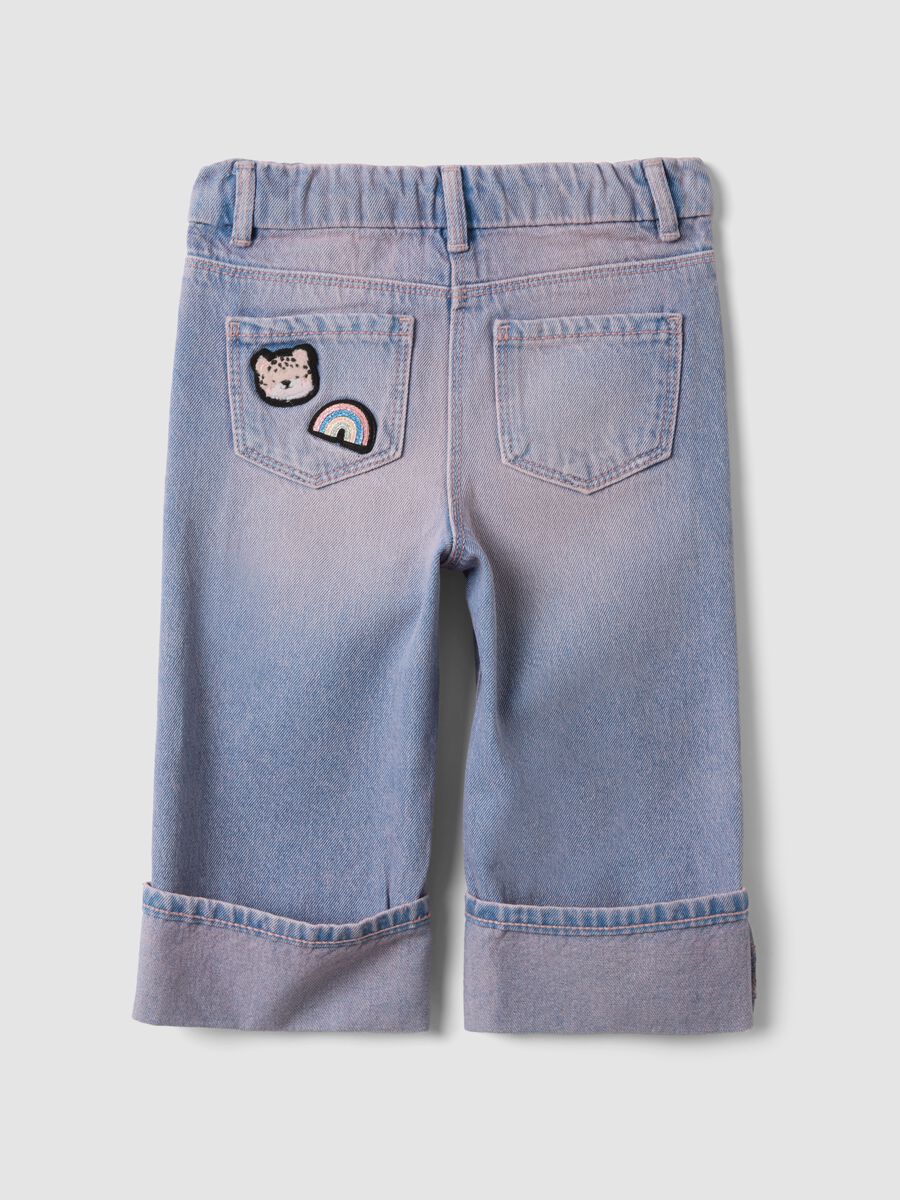 Blue denim straight-fit jeans in pure cotton with turn-up cuffs for baby girl_1