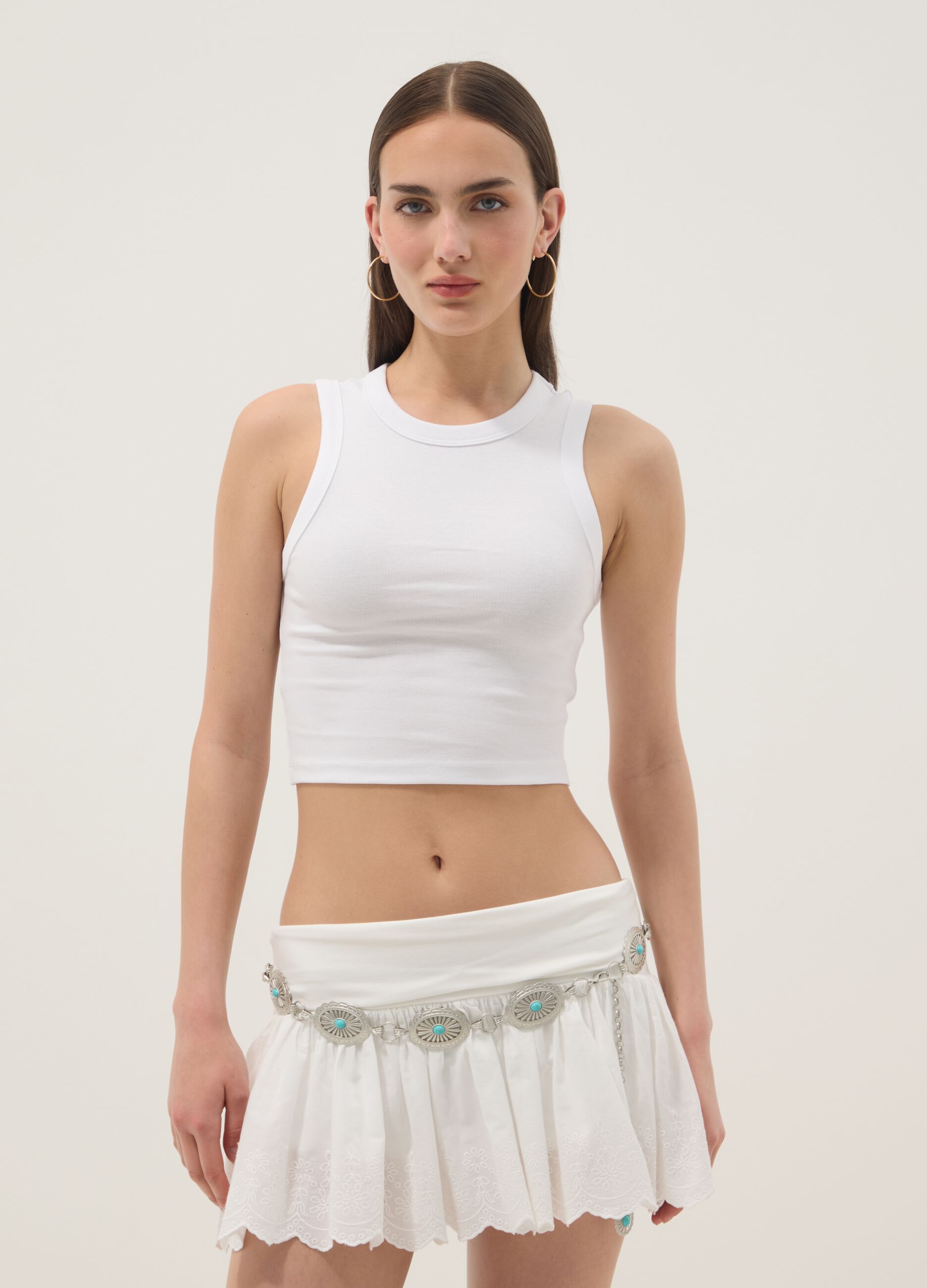 White cropped stretch-cotton tank top