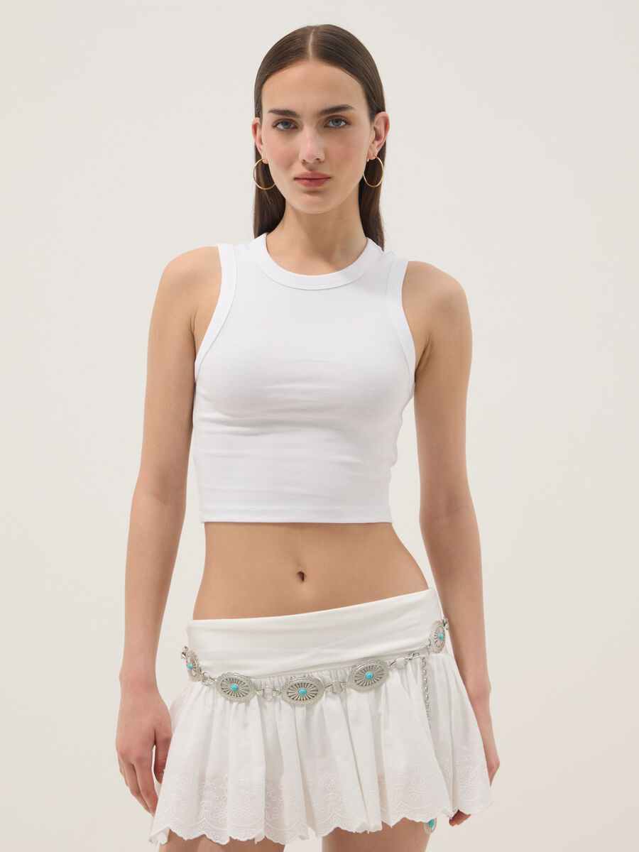 Tank top bianco crop in cotone elasticizzato fitted_1