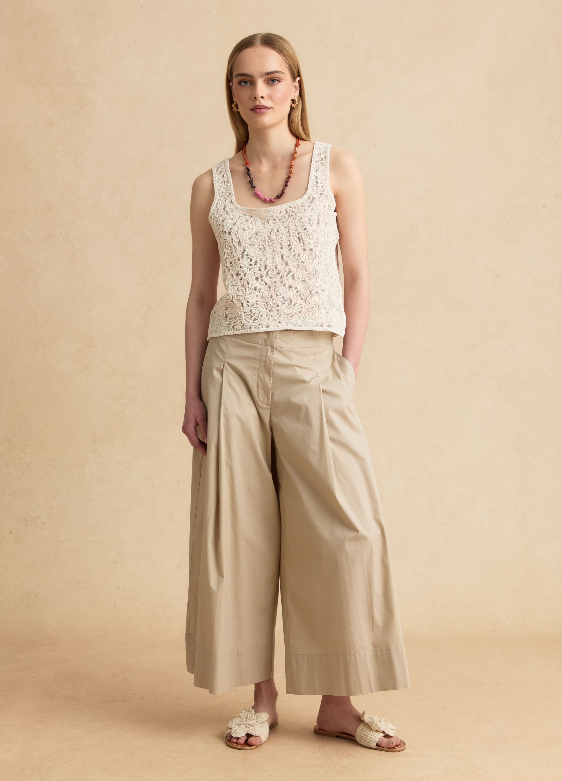 Beige stretch cotton palazzo trousers