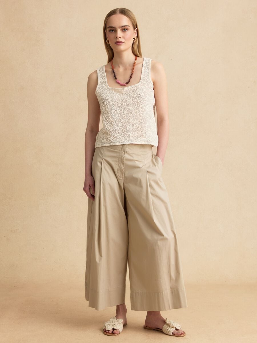 Beige stretch cotton palazzo trousers_0