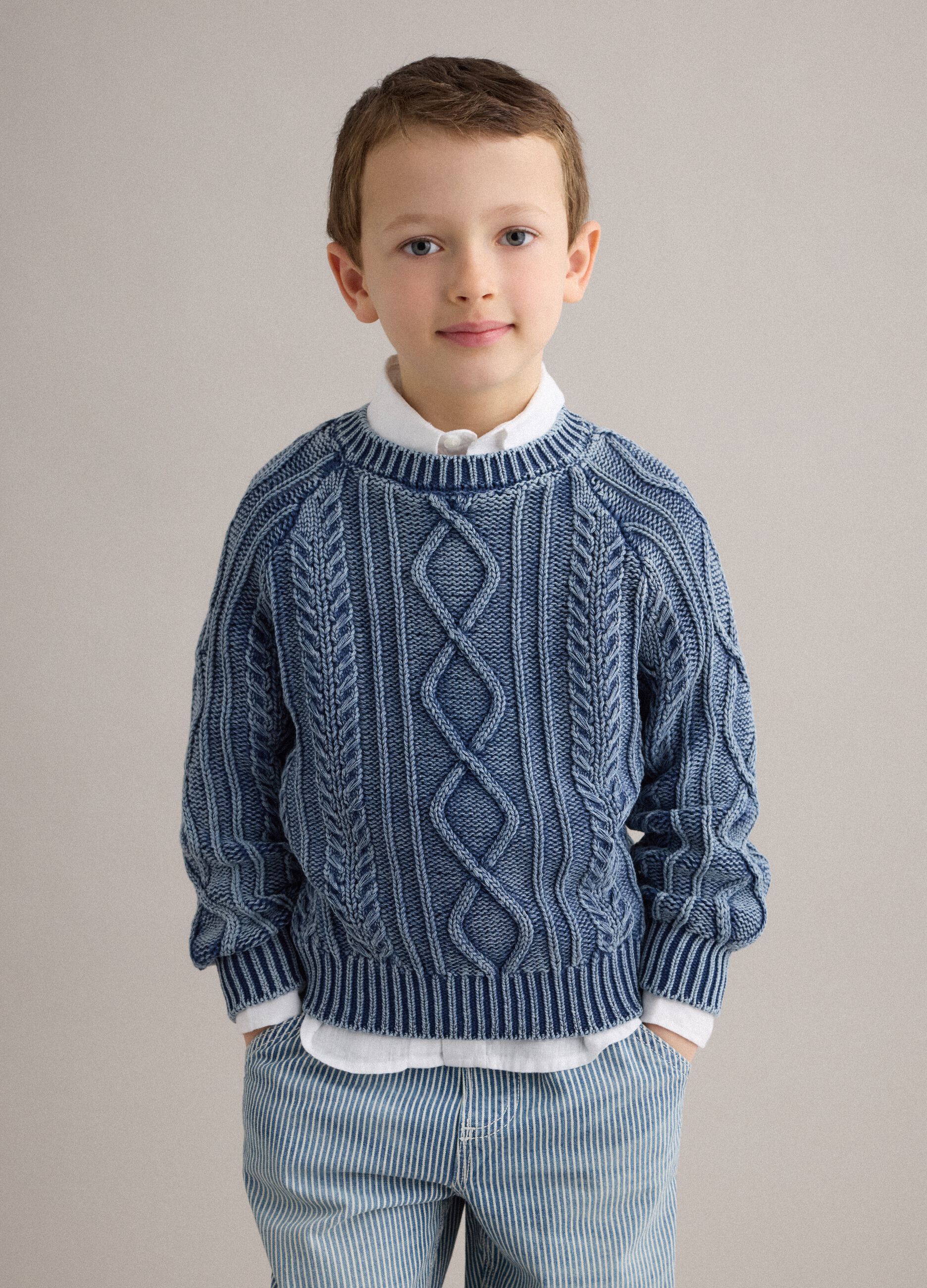 Children's blue pure cotton sweater, regular fit with knitted design