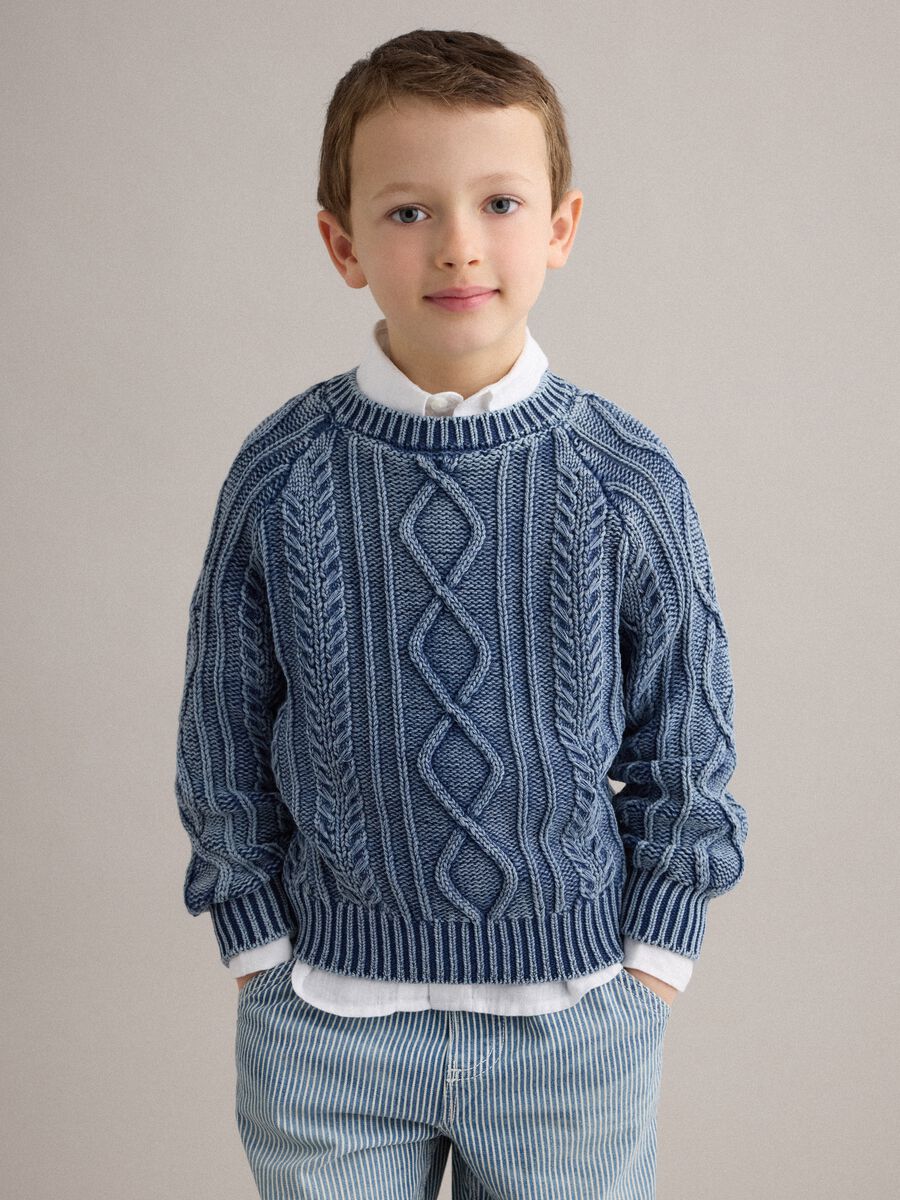 Maglione in puro cotone blu da bambino regular fit con design a maglia_1