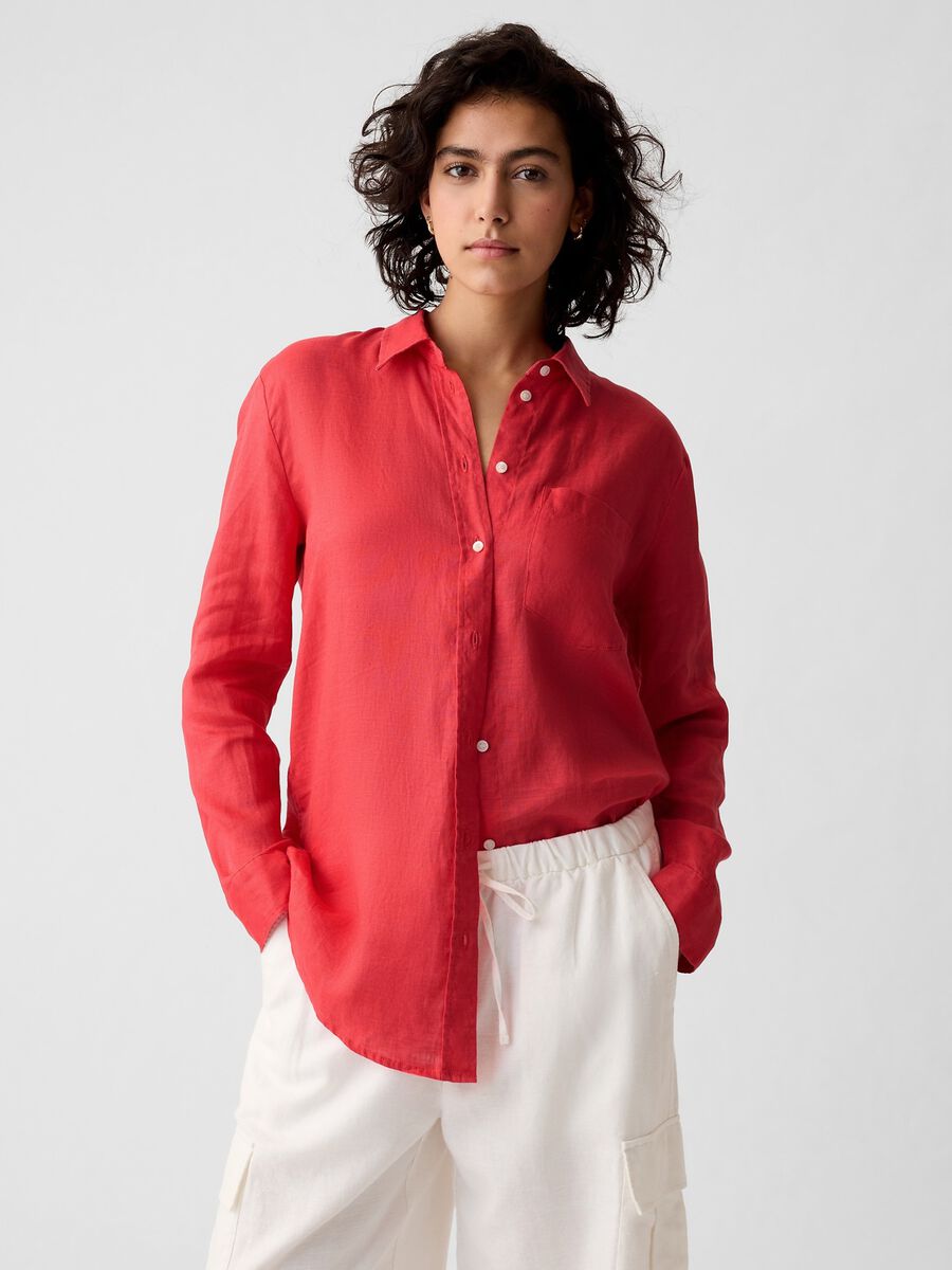 Camicia boyfriend fit in lino con tasca_0