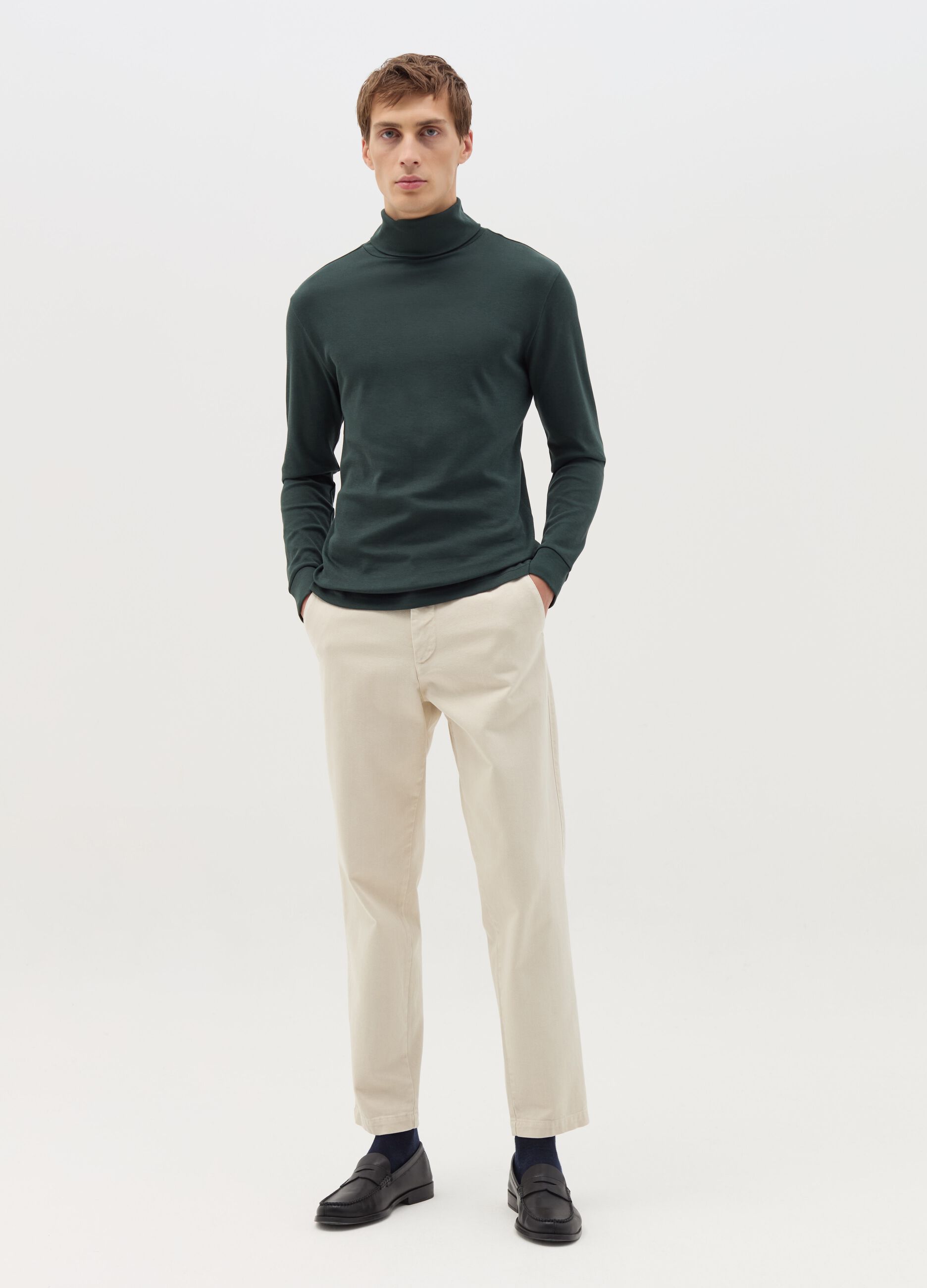 Interlock cotton T-shirt with high neck