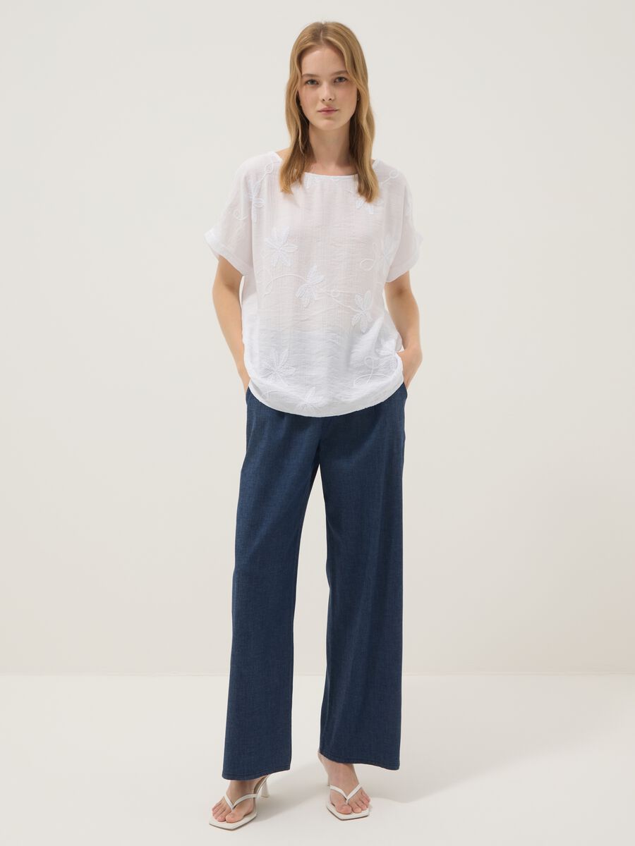 Pantaloni blu palazzo in cotone elasticizzato_0