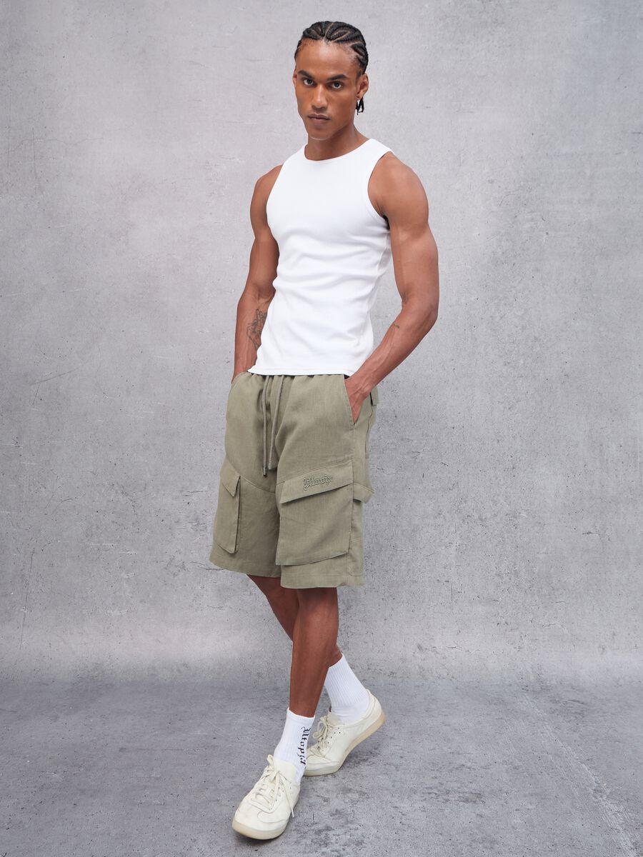 100% Linen Cargo Shorts Military Green_3