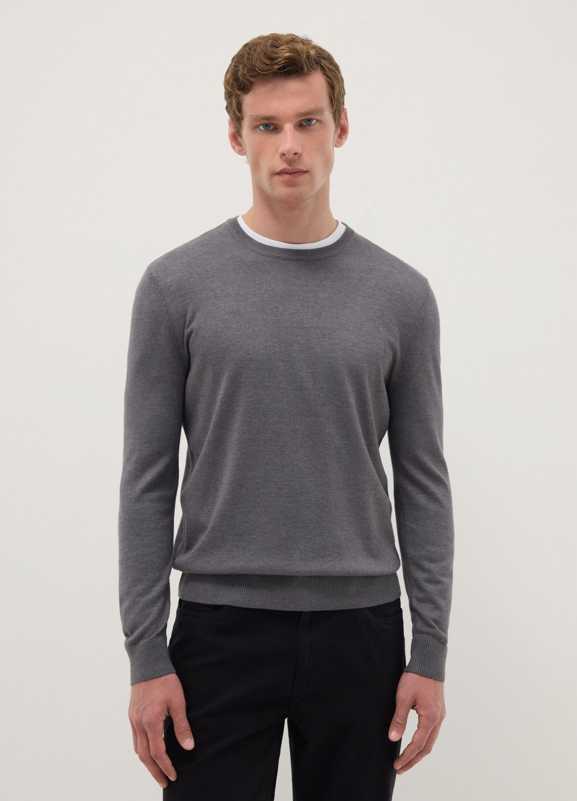 Grey crew neck cotton blend jumper regular fit