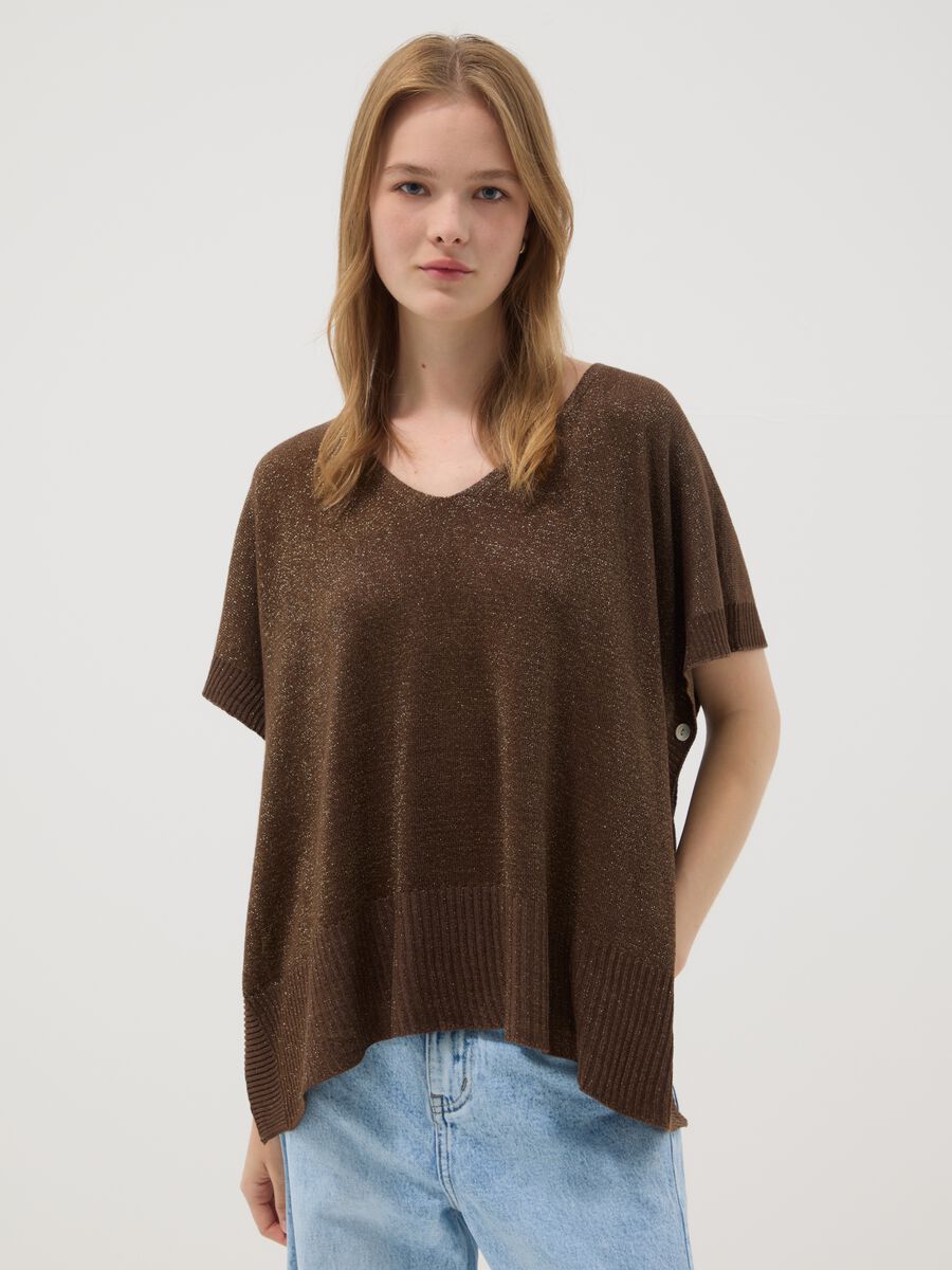 Maglia marrone in misto modal con scollo a V_1