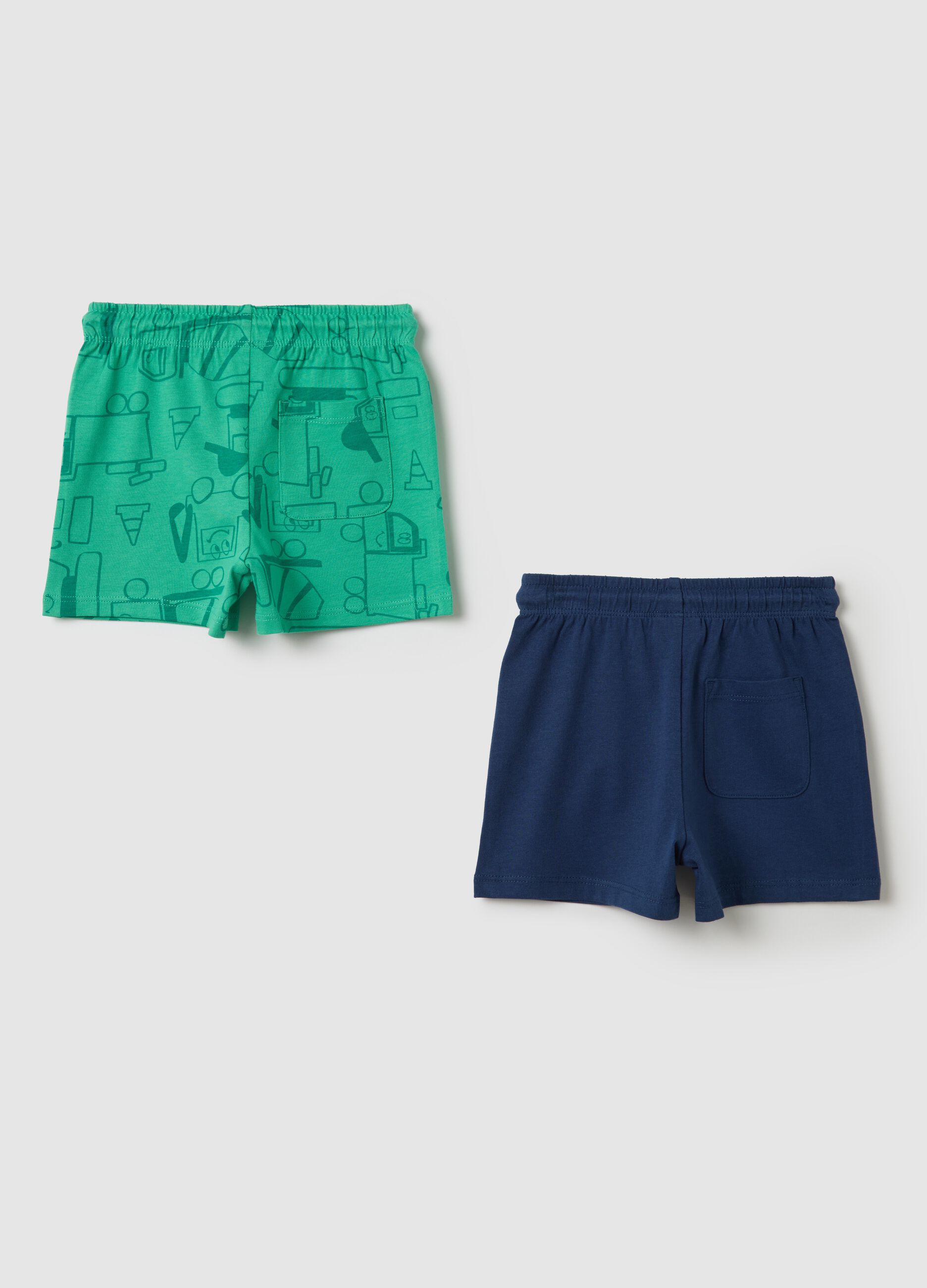 Two-pack green and blue Bermuda shorts with drawstring and print