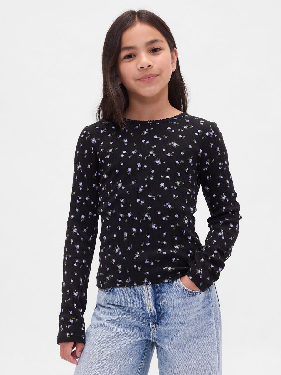 Long-sleeved black cotton shirt with floral print_0