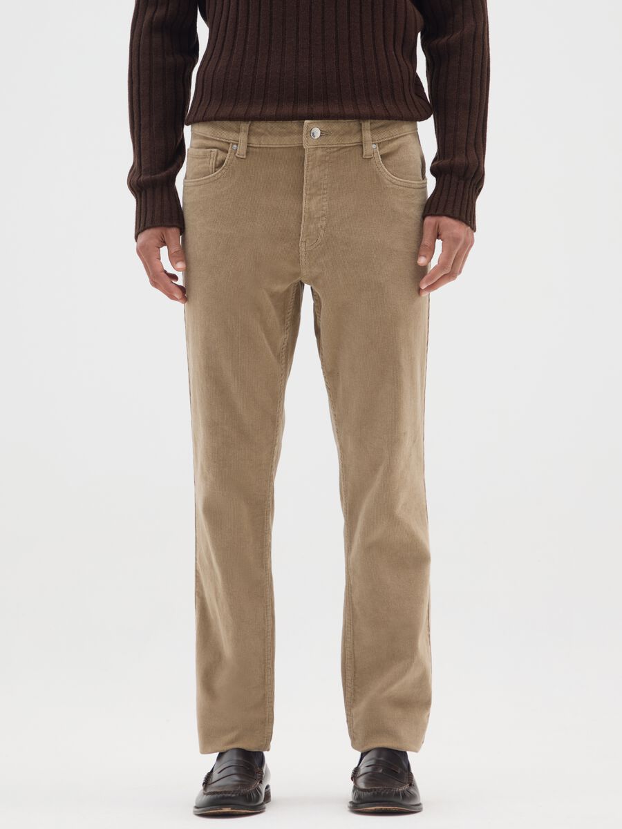 Beige stretch cotton ribbed slim fit trousers_1