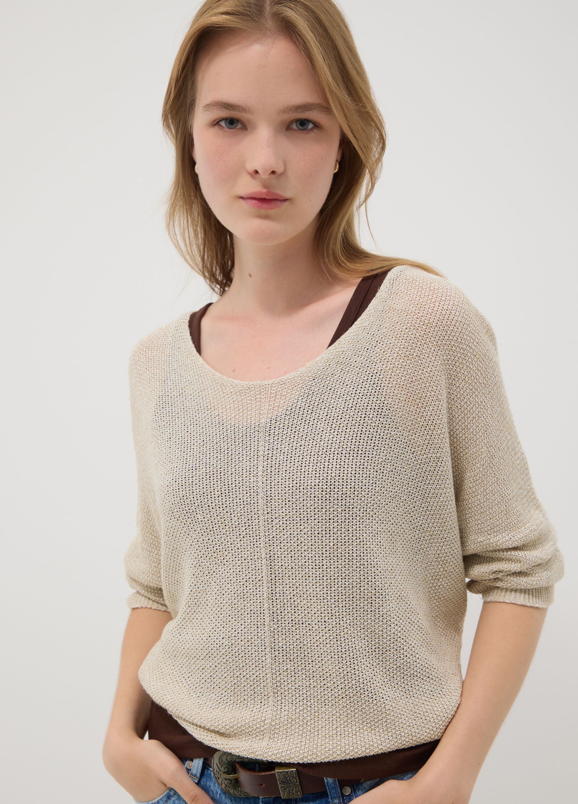 Beige viscose and linen blend knit