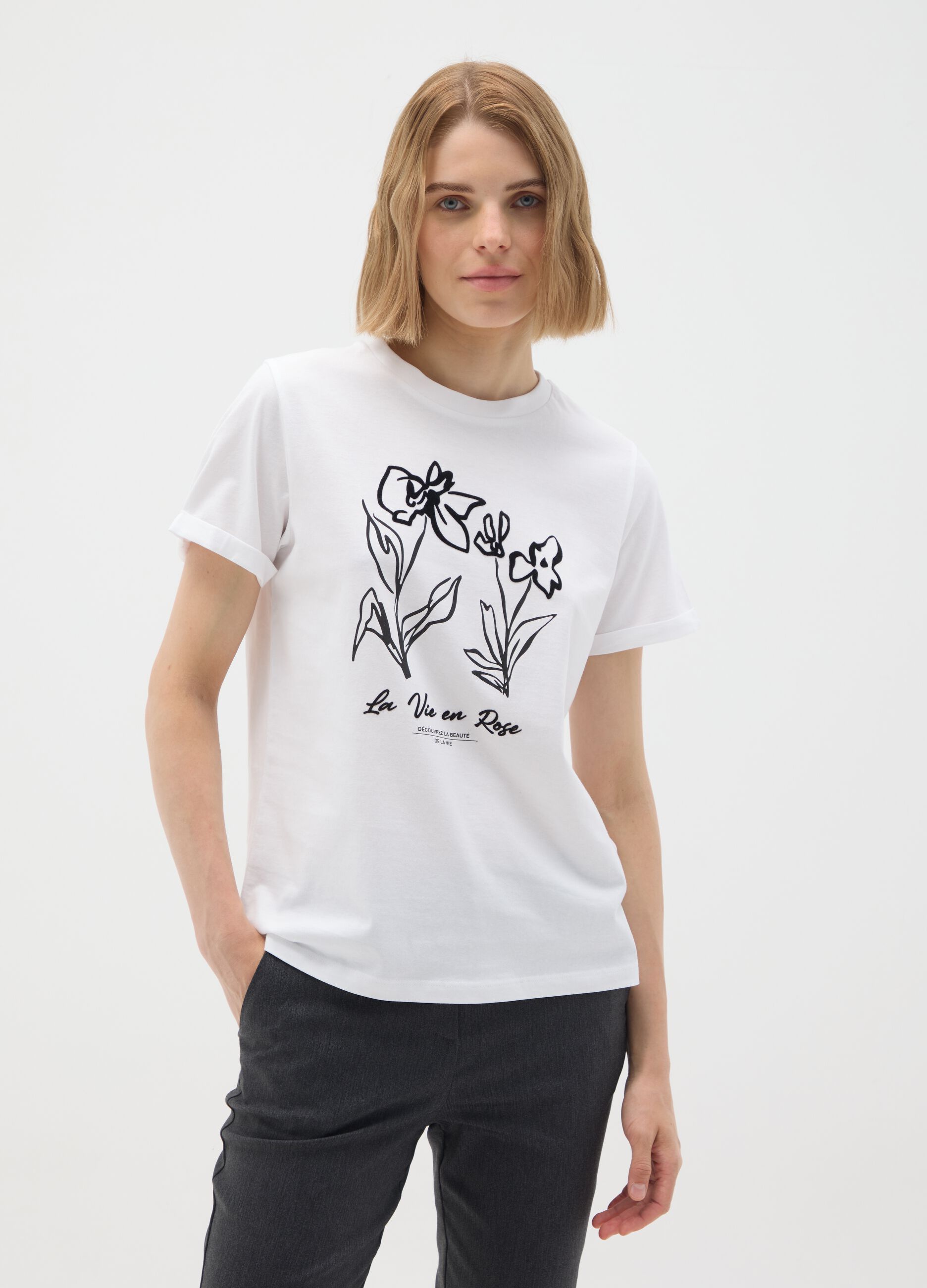 White pure cotton regular fit t-shirt with floral print