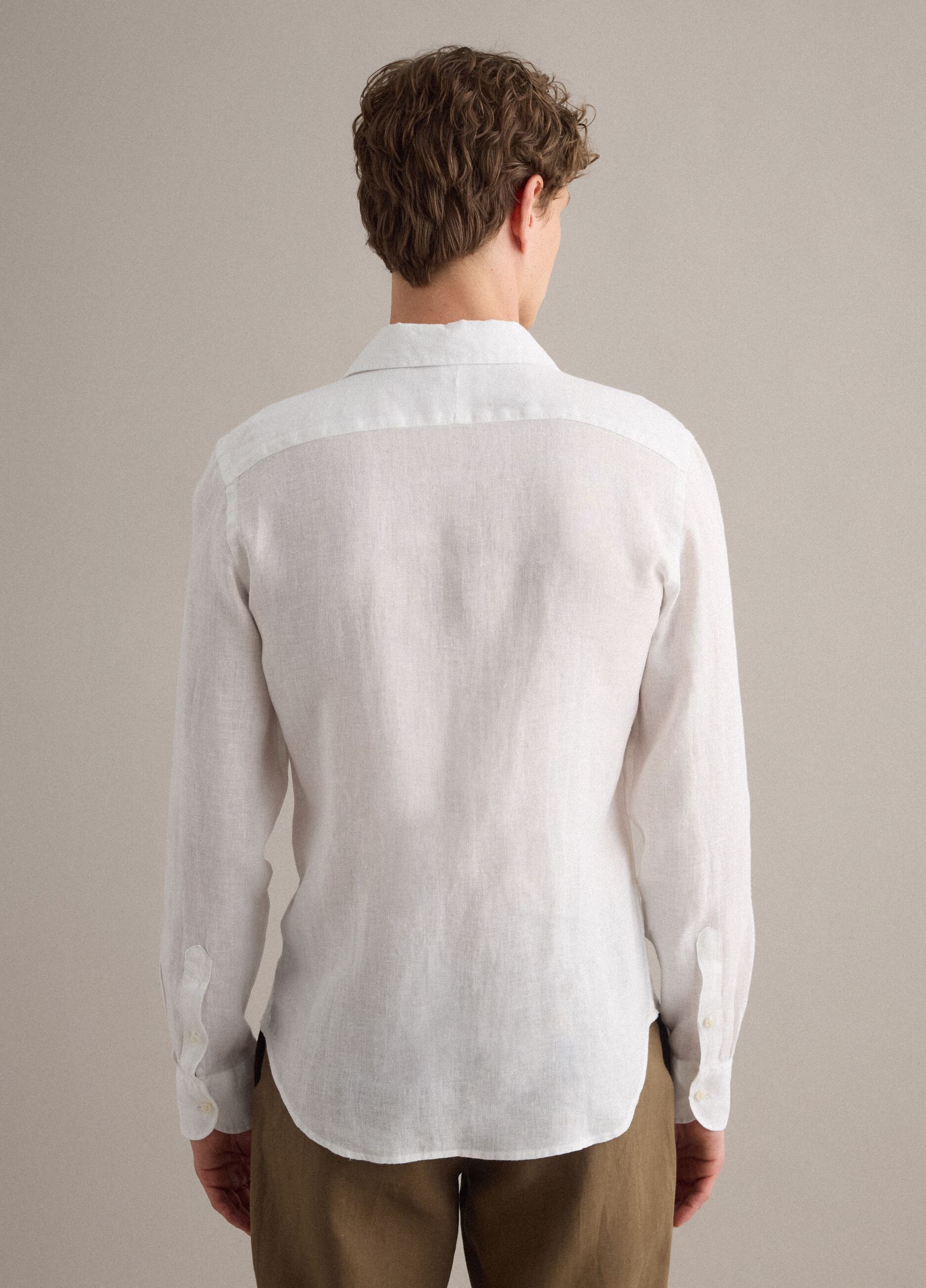 White pure linen long-sleeve slim fit shirt