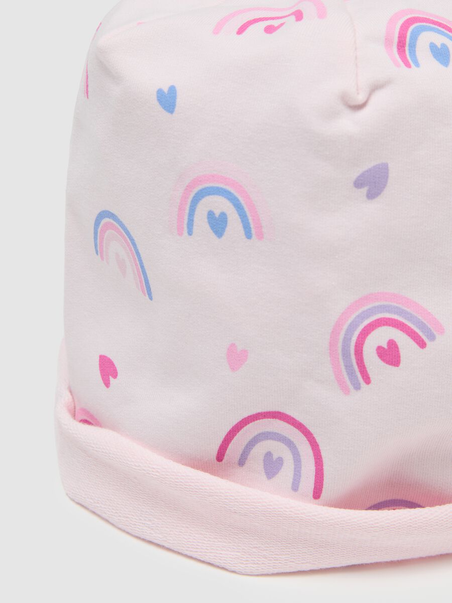 Pink Stretch Cotton Beanie with Rainbows for Girls_1