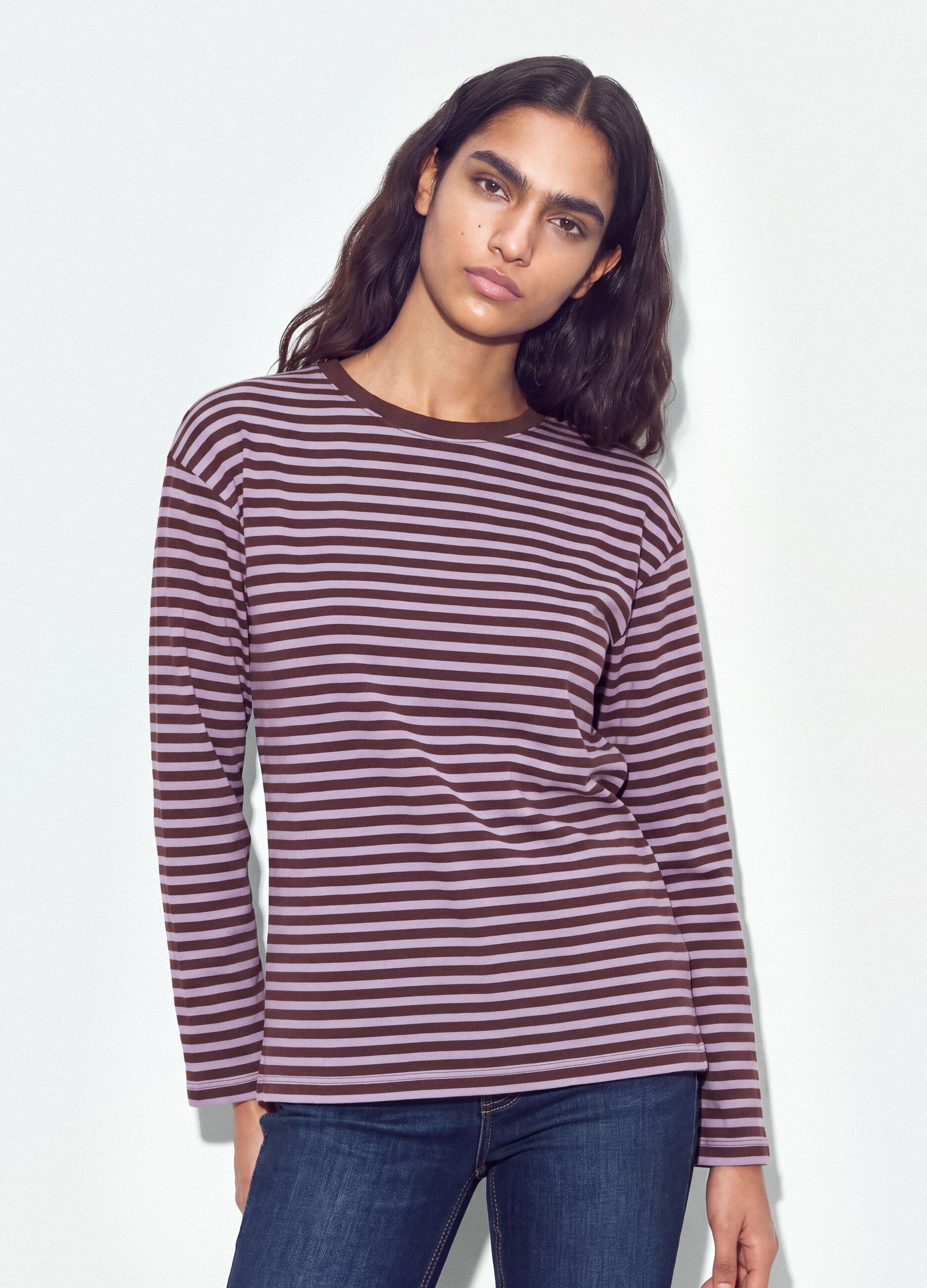 Purple striped pure cotton relaxed-fit crew-neck T-shirt