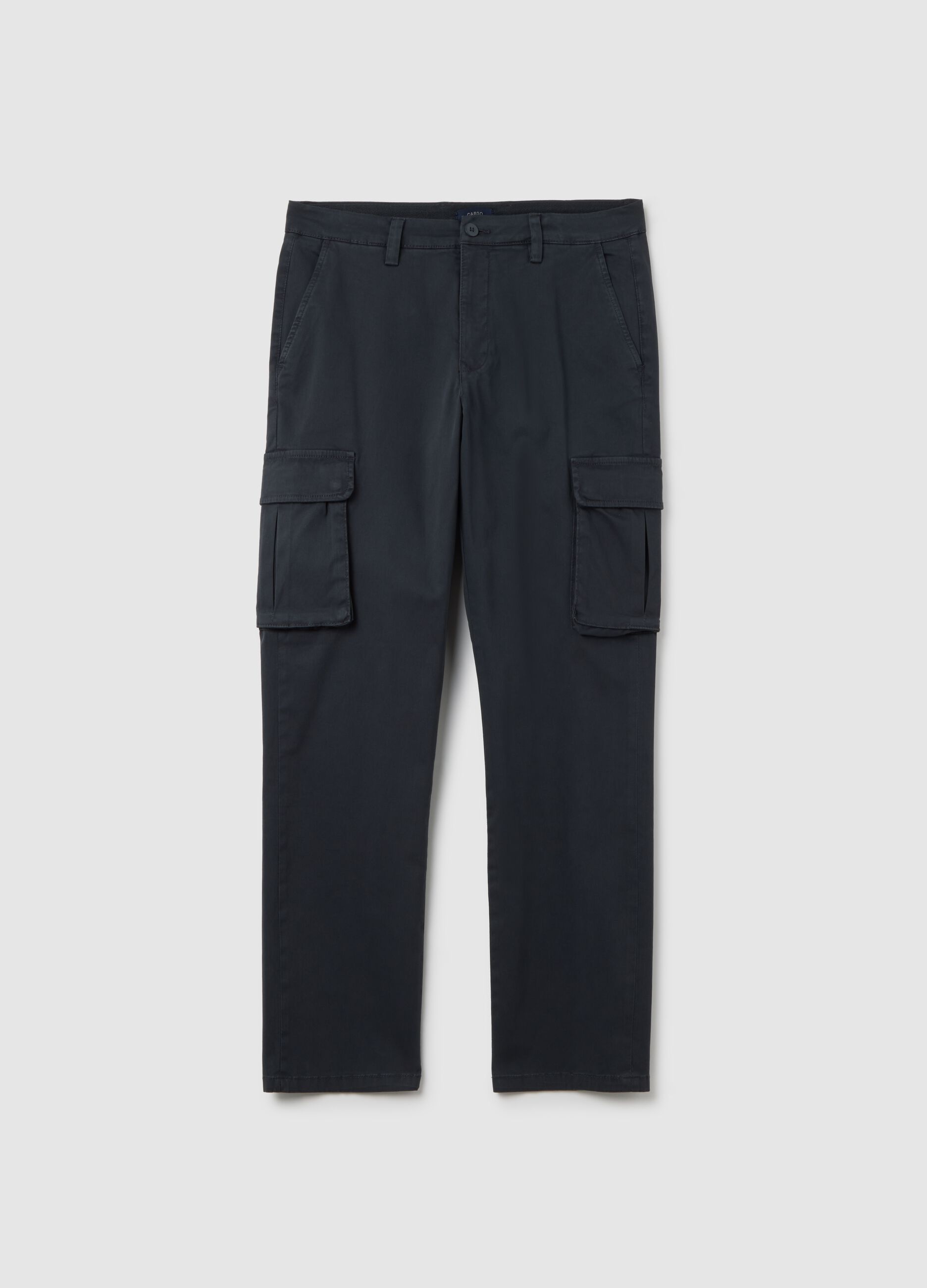 Black Regular Fit Stretch Cotton Cargo Trousers