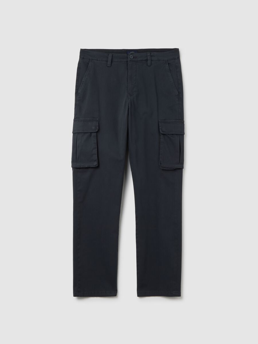 Black Regular Fit Stretch Cotton Cargo Trousers_0