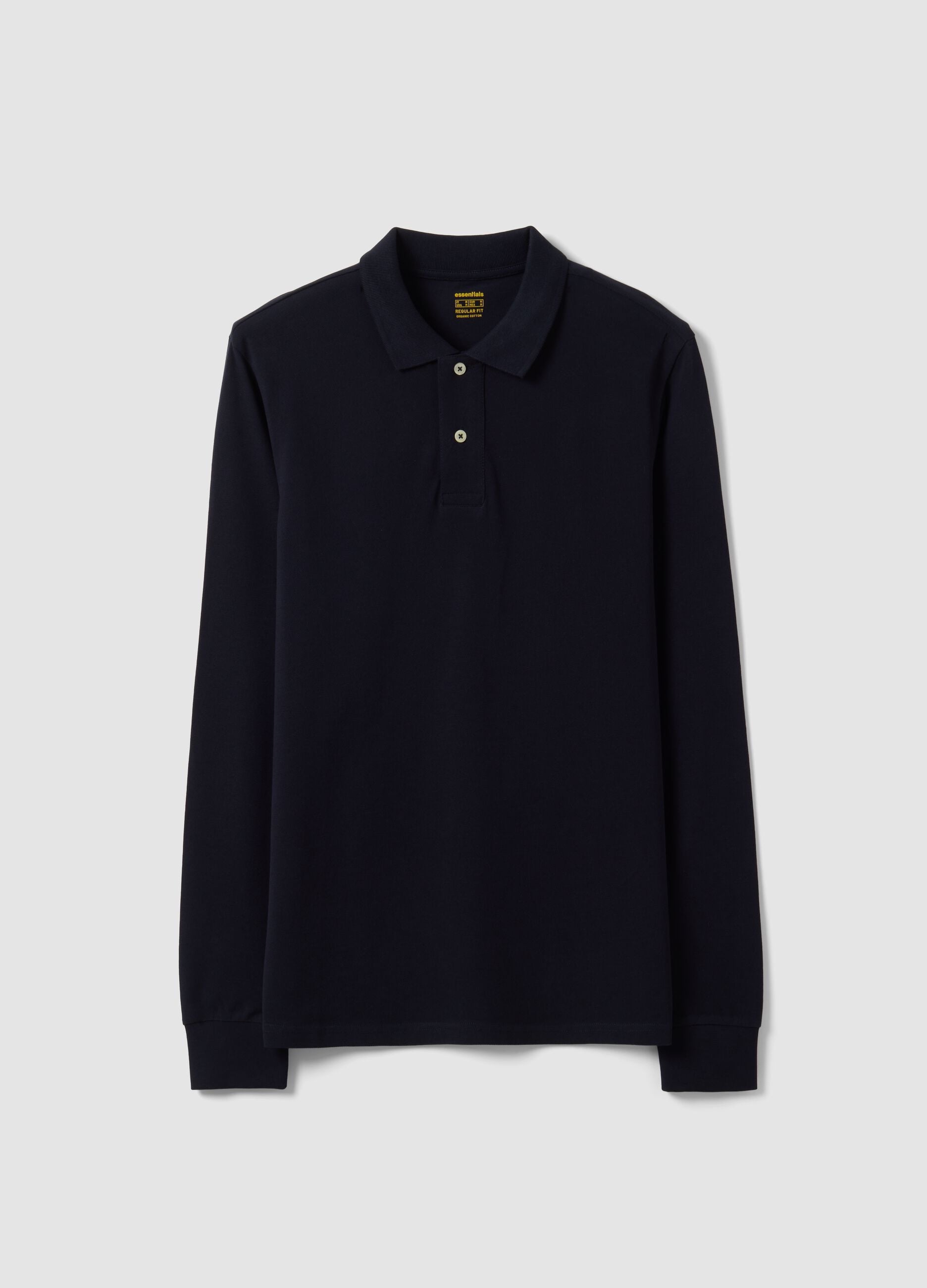 Blue long-sleeved regular-fit polo shirt in pure organic cotton piqu&eacute;