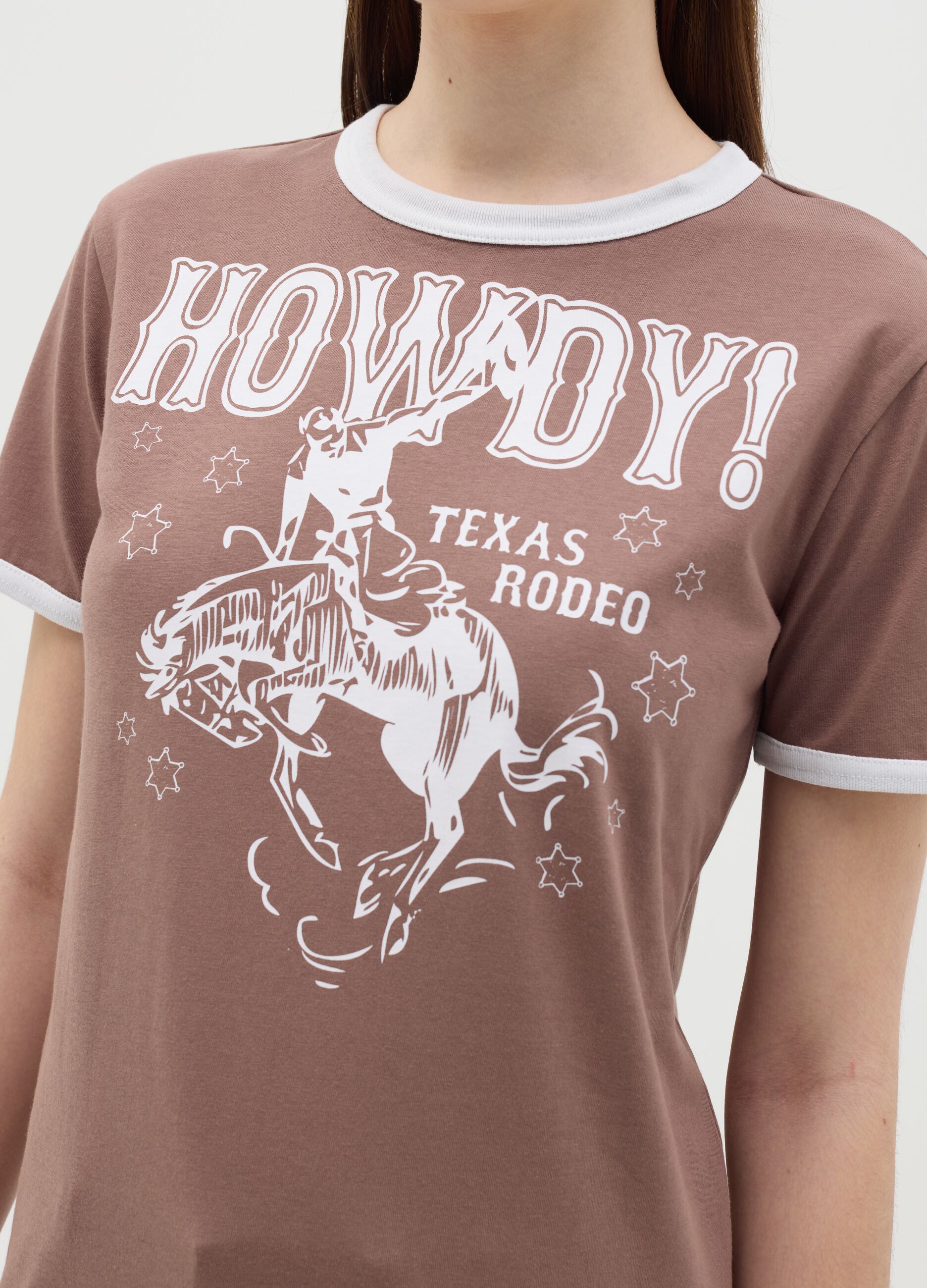Brown T-shirt in cotton with Texas Rodeo motif print