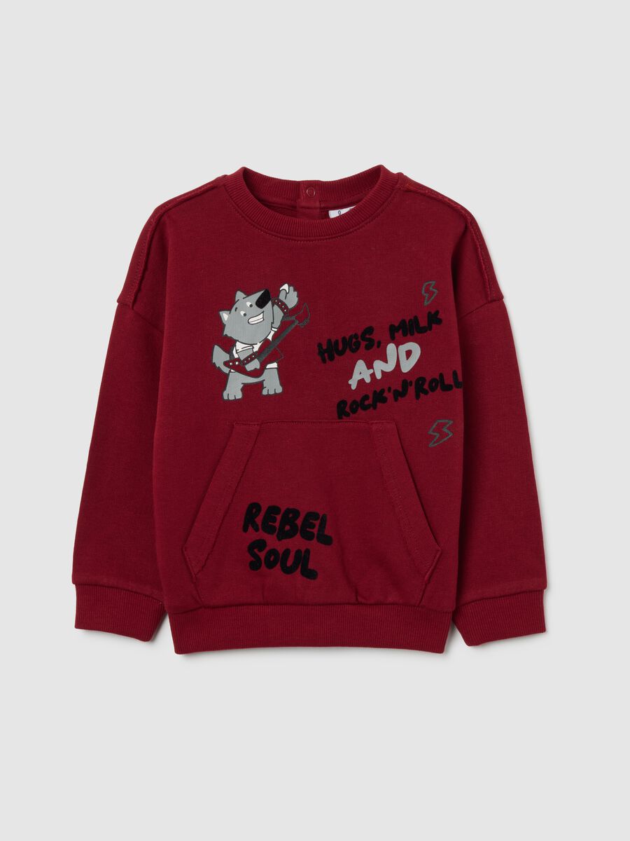 Children's oversized pure cotton red sweatshirt with print and crew neck_0