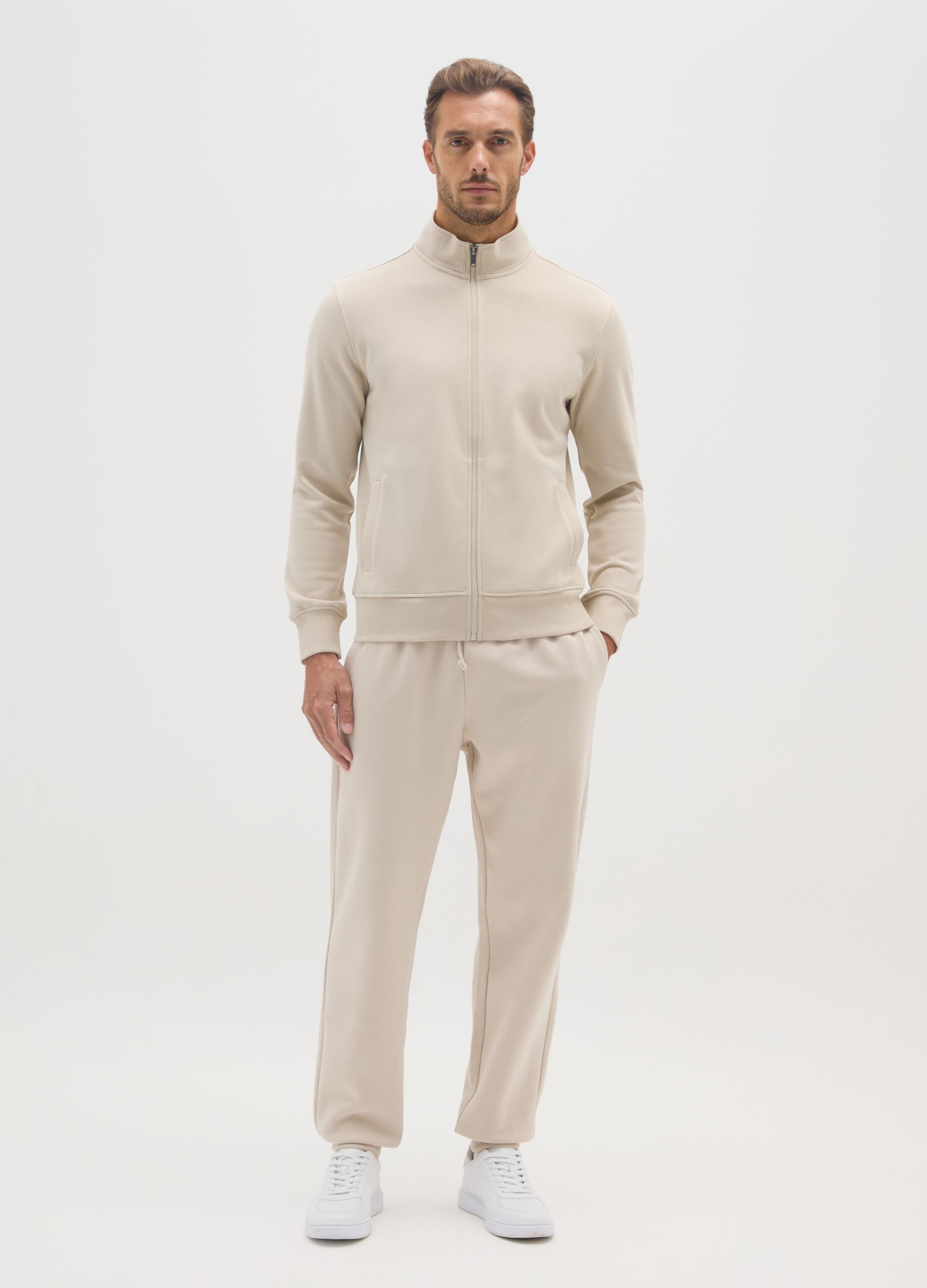 Beige cotton blend zip sweatshirt