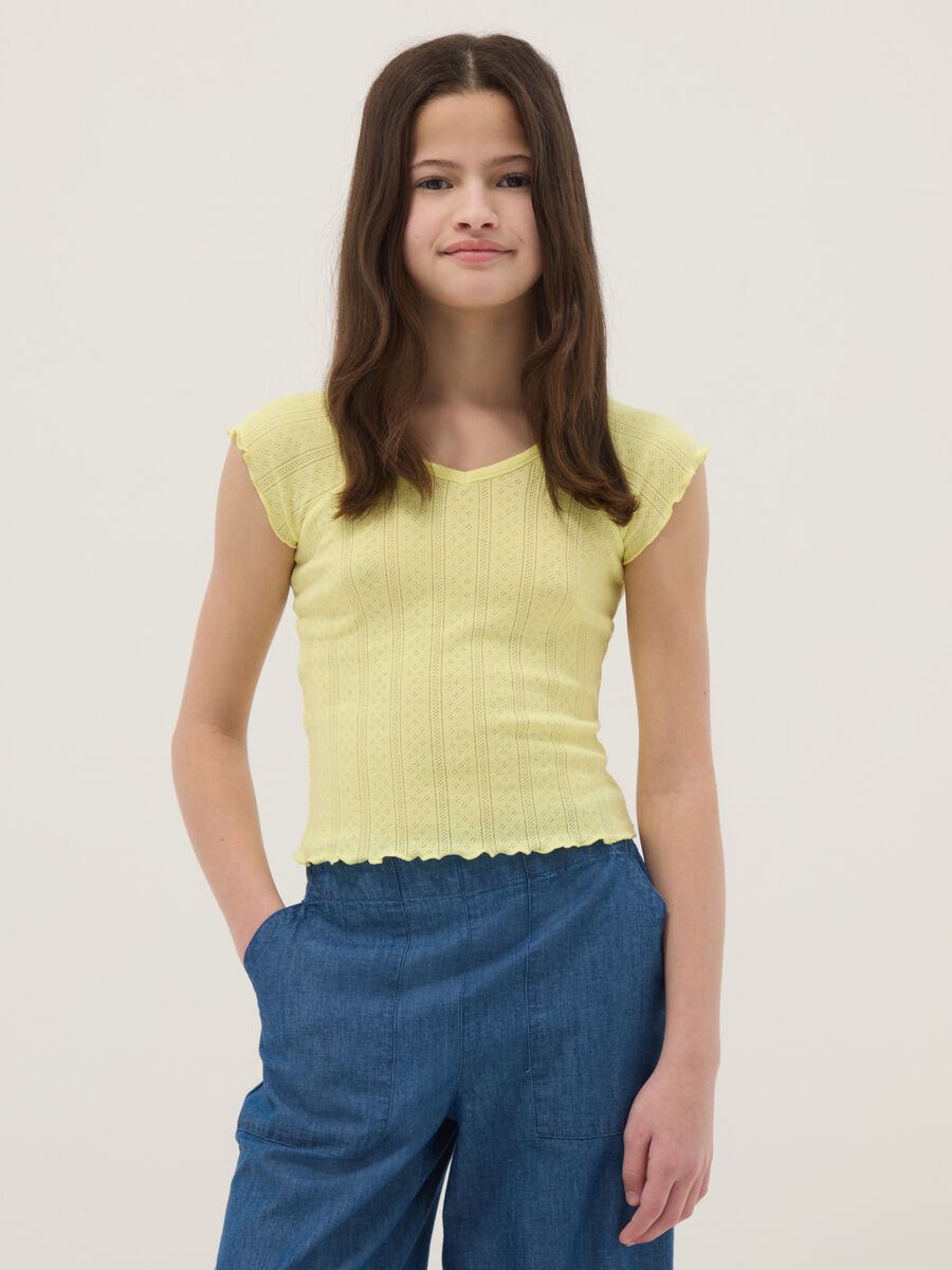 Yellow girls' cotton blend fitted V-neck t-shirt_0