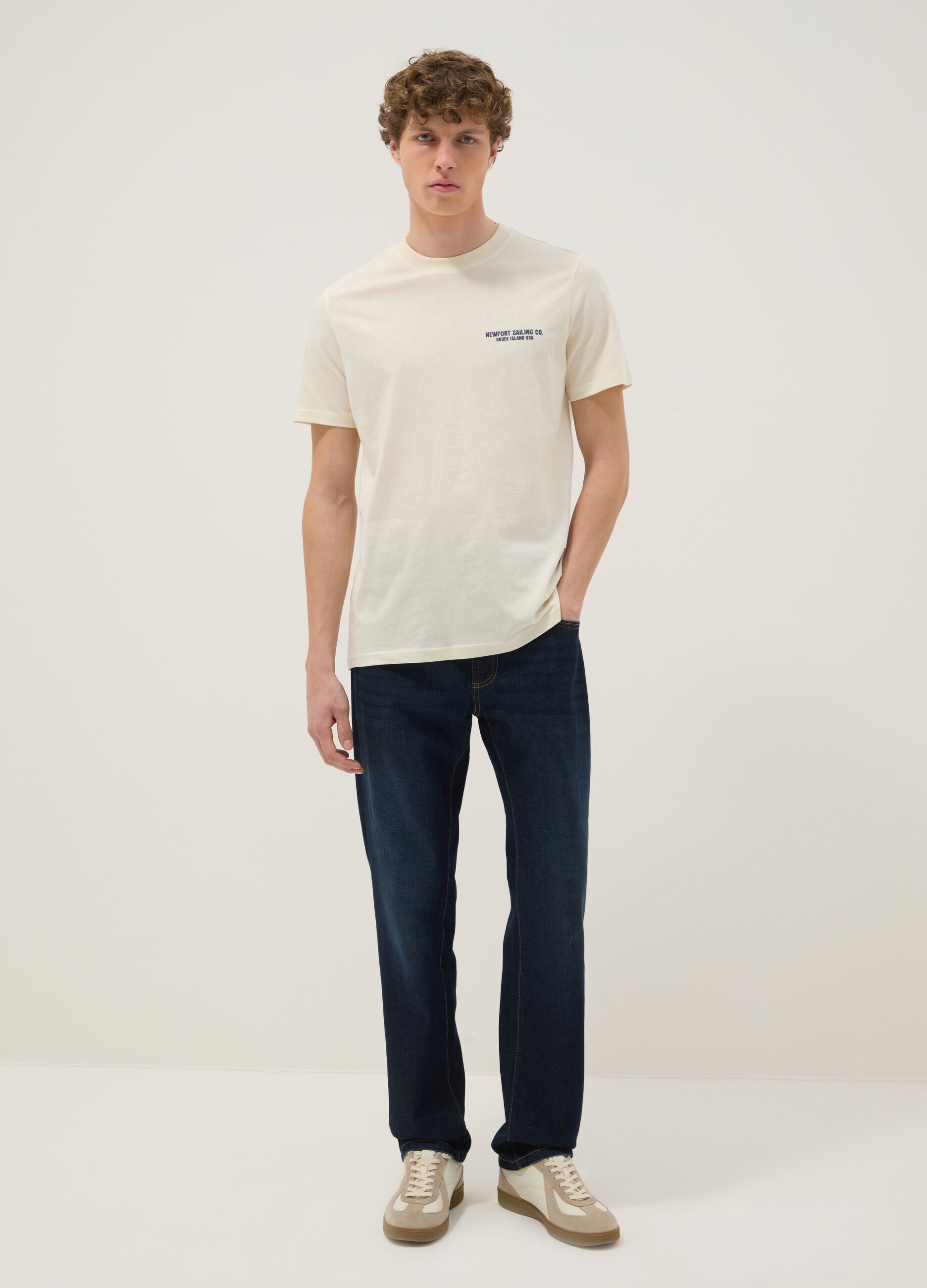 Beige pure cotton regular-fit T-shirt with nautical print