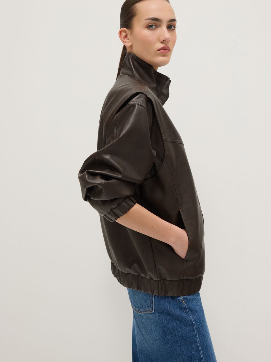 Brown biker jacket over fit with zip and buttons_0