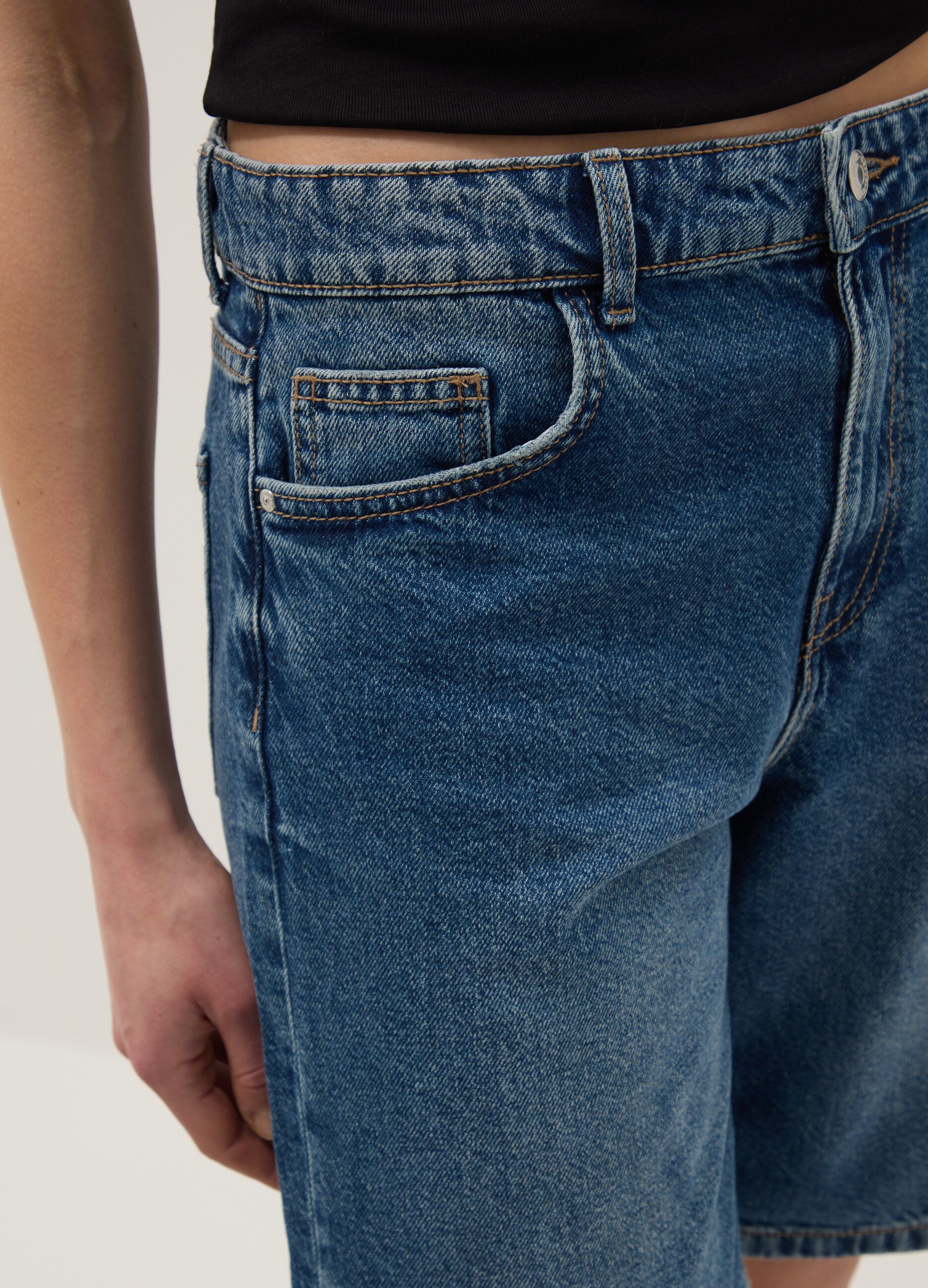 Dark blue denim pure cotton wide-leg shorts