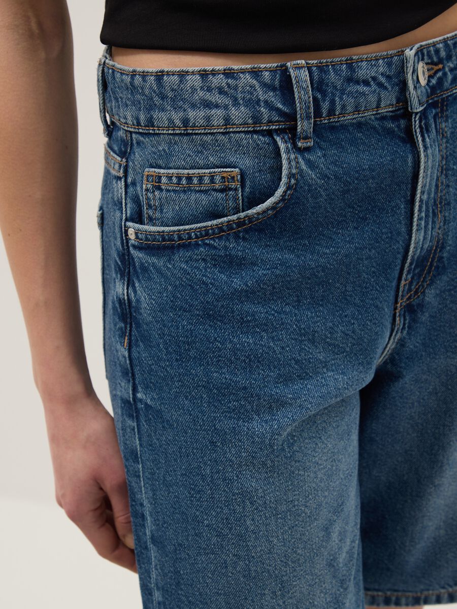 Dark blue denim pure cotton wide-leg shorts_3