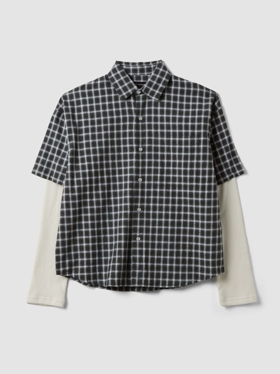 Camicia double layer nera a quadri in popeline di puro cotone over fit_0