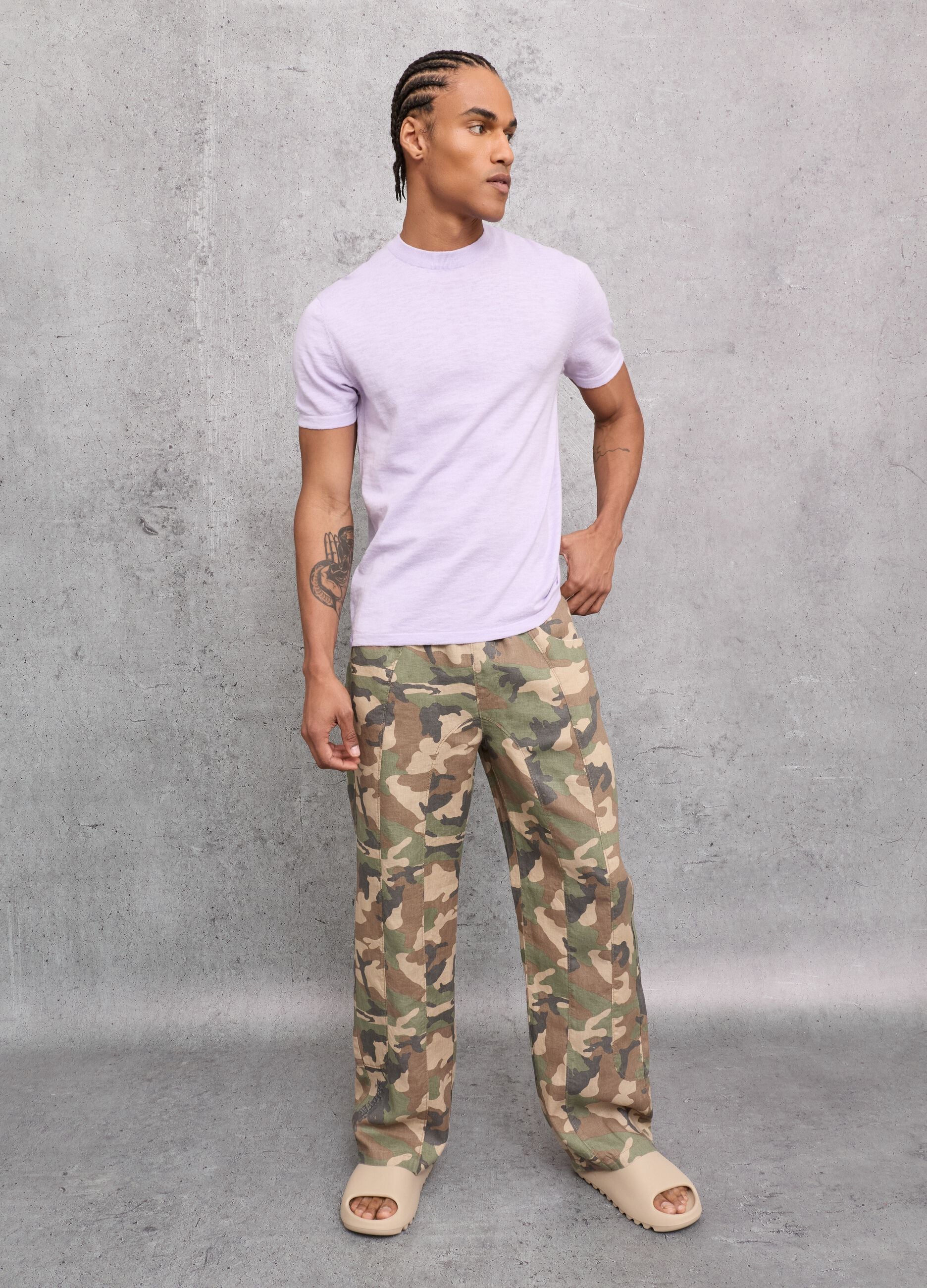 100% Linen Wide-Leg Camo Trousers