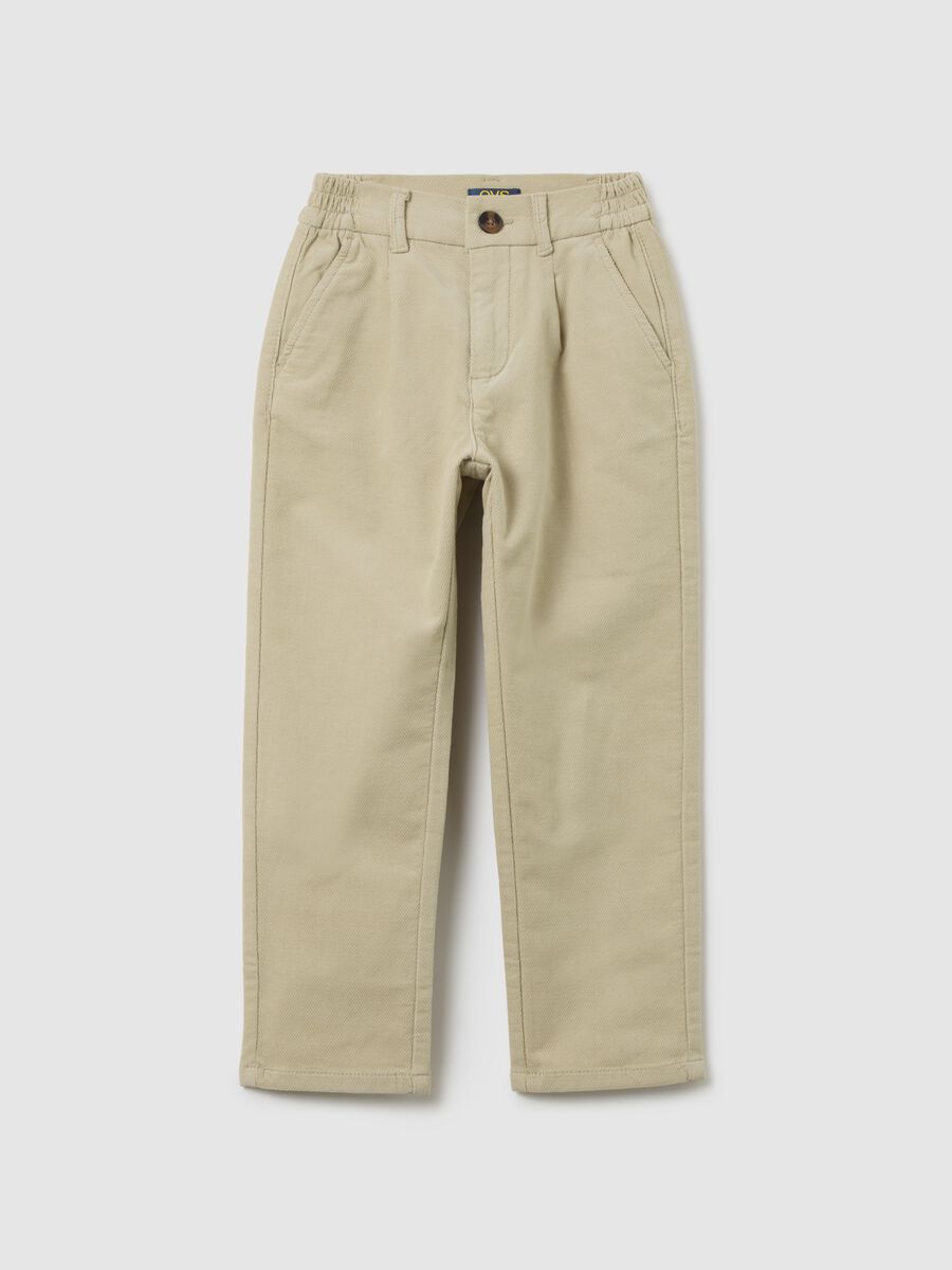 Children's beige stretch cotton blend trousers with regular fit_0