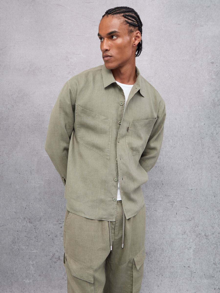 100% Linen Cargo Shirt Military Green_2