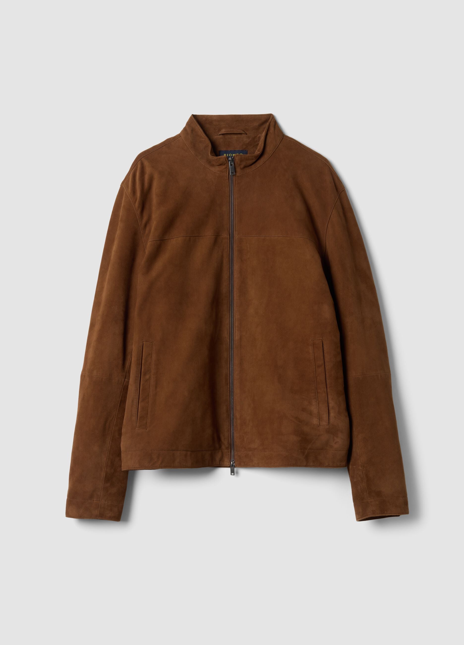 Brown genuine leather jacket with zip, regular fit