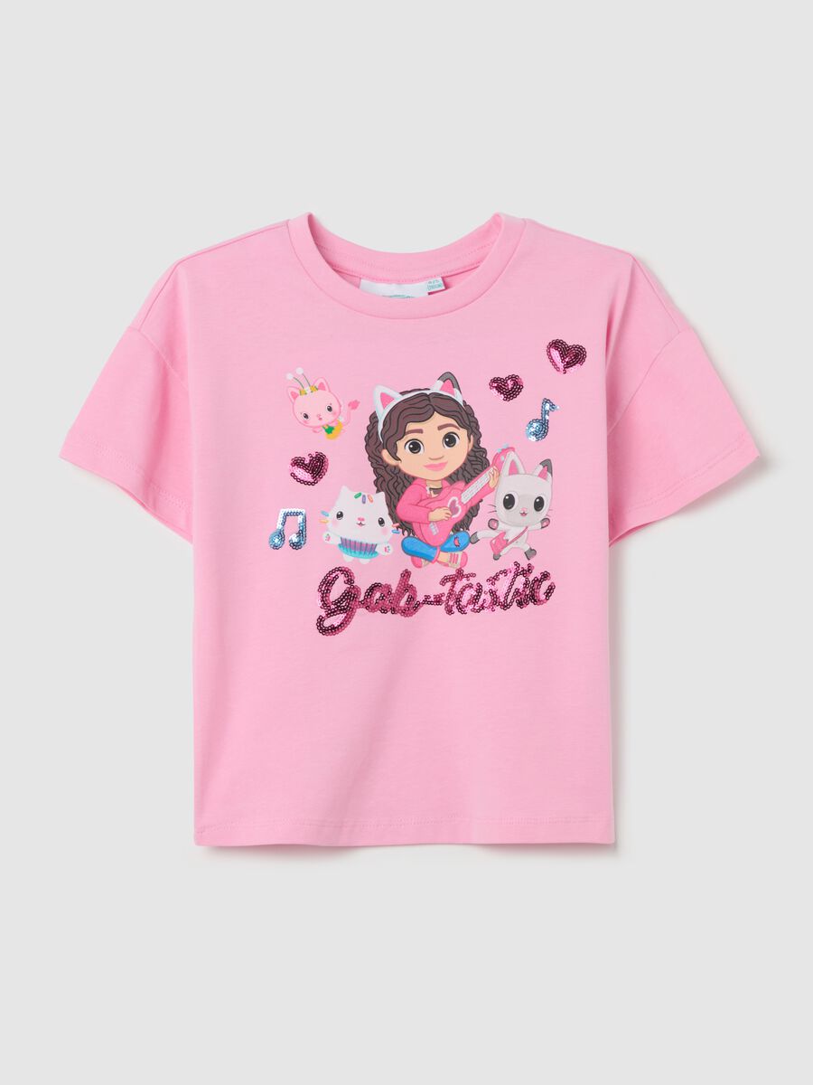 Stretch cotton T-shirt with Gabby print and sequins_0