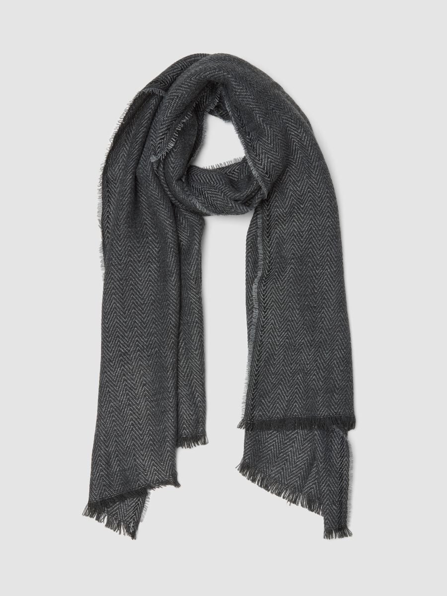 Grey herringbone scarf with fringed ends_0