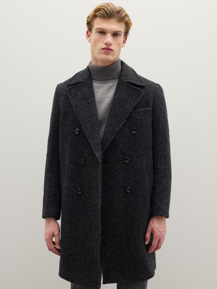 Grey herringbone double-breasted coat with regular fit_0