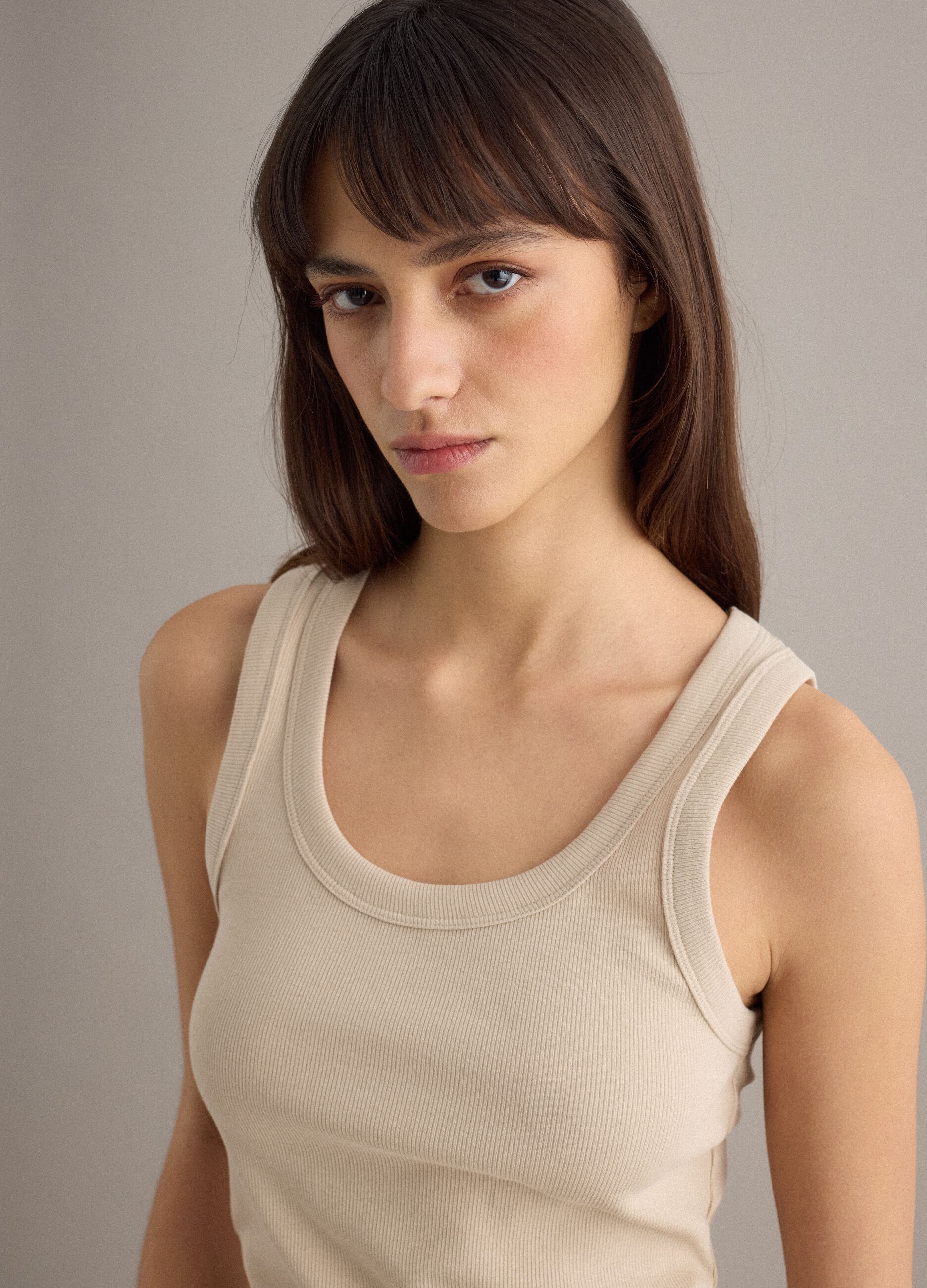 Beige stretch cotton regular-fit tank top