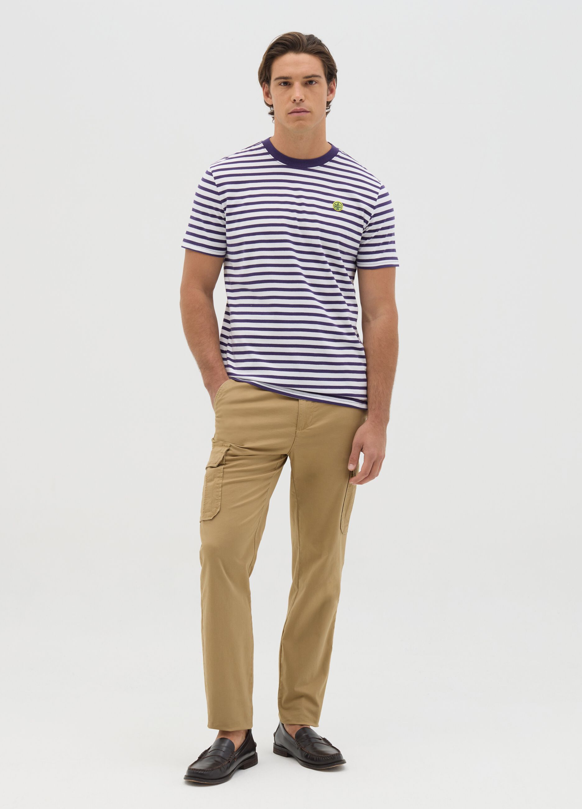 Blue and white striped T-shirt with logo