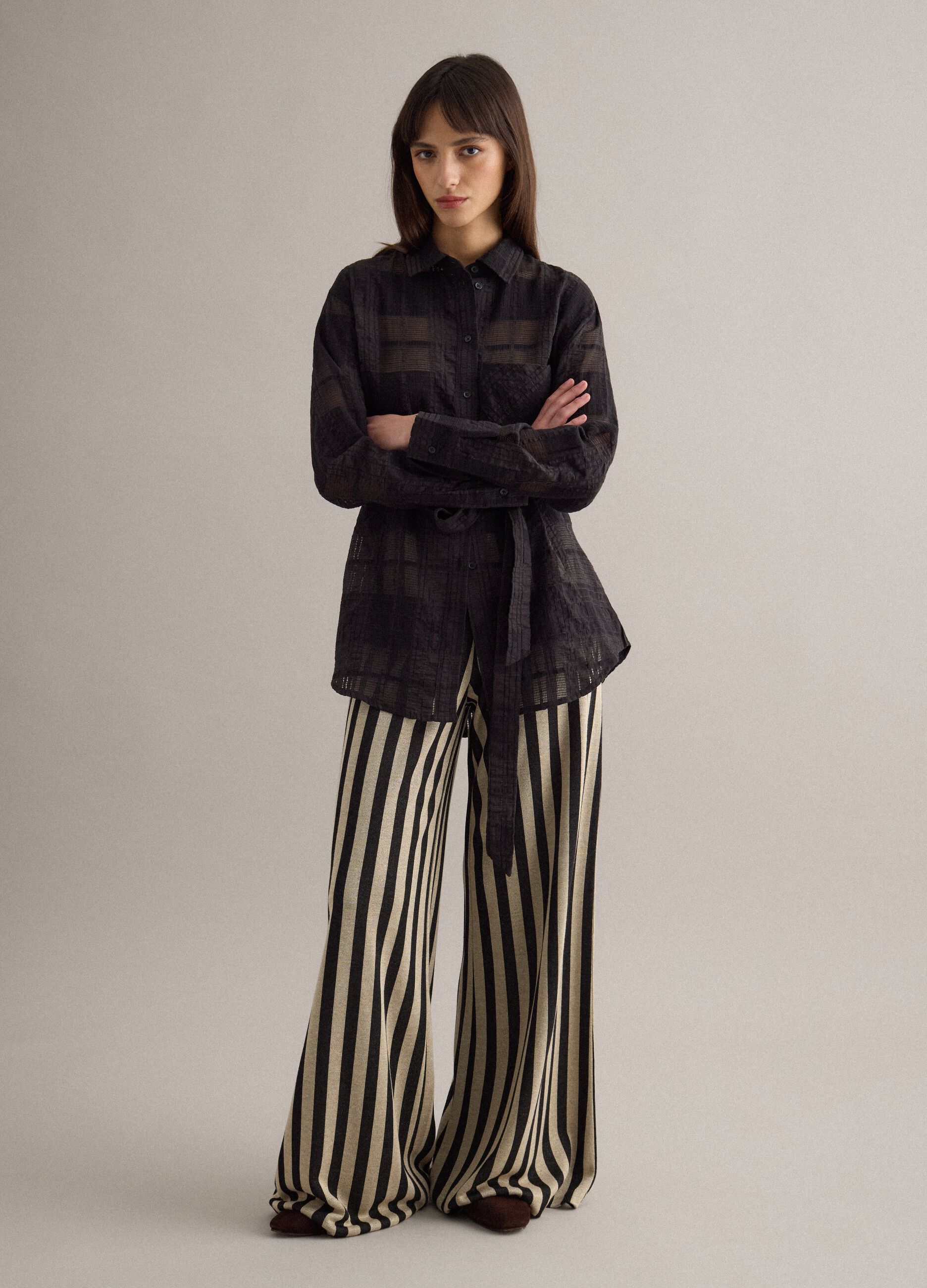 Multicolour striped regular fit viscose blend trousers