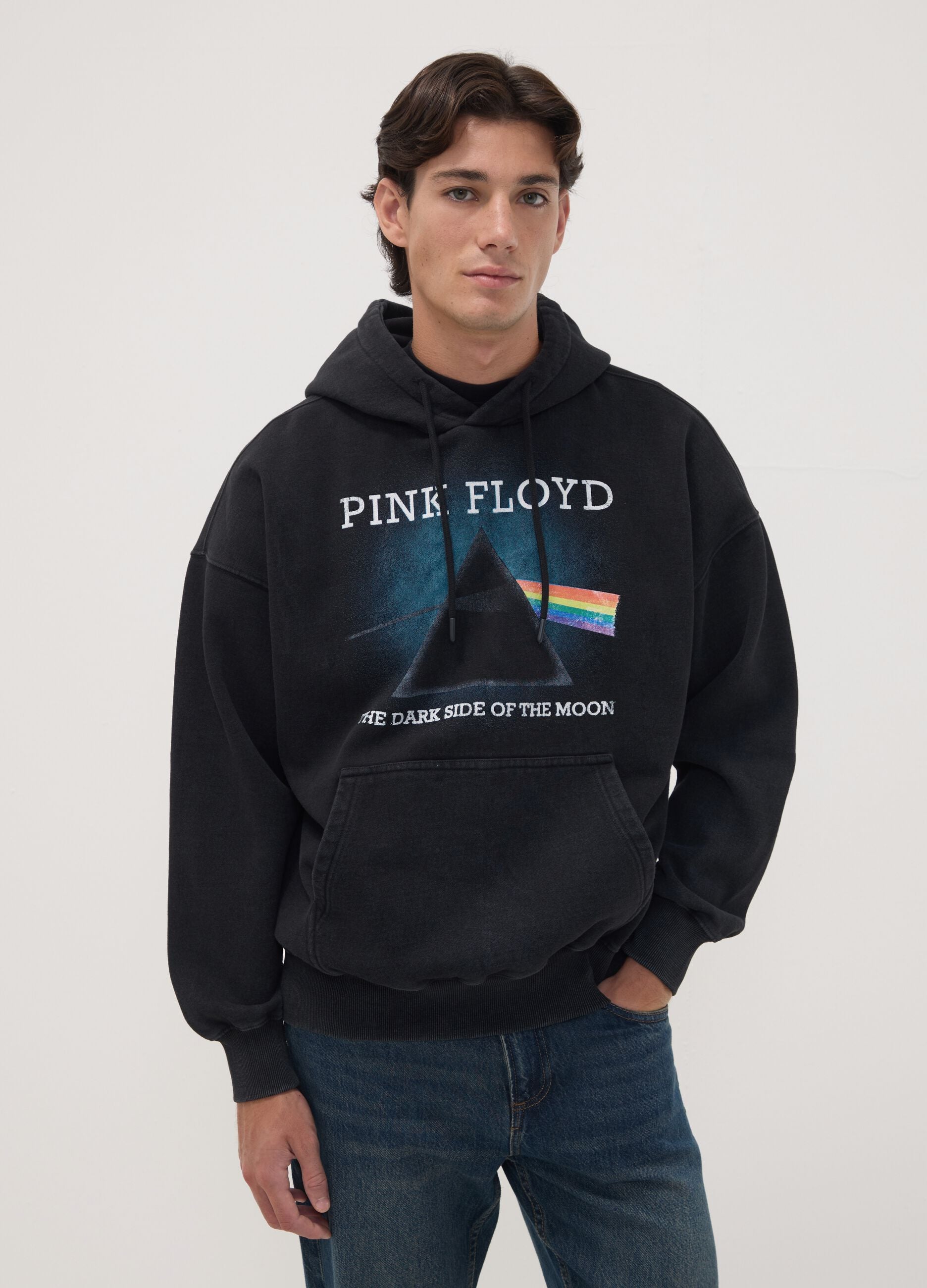 Black cotton-blend hoodie with Pink Floyd print