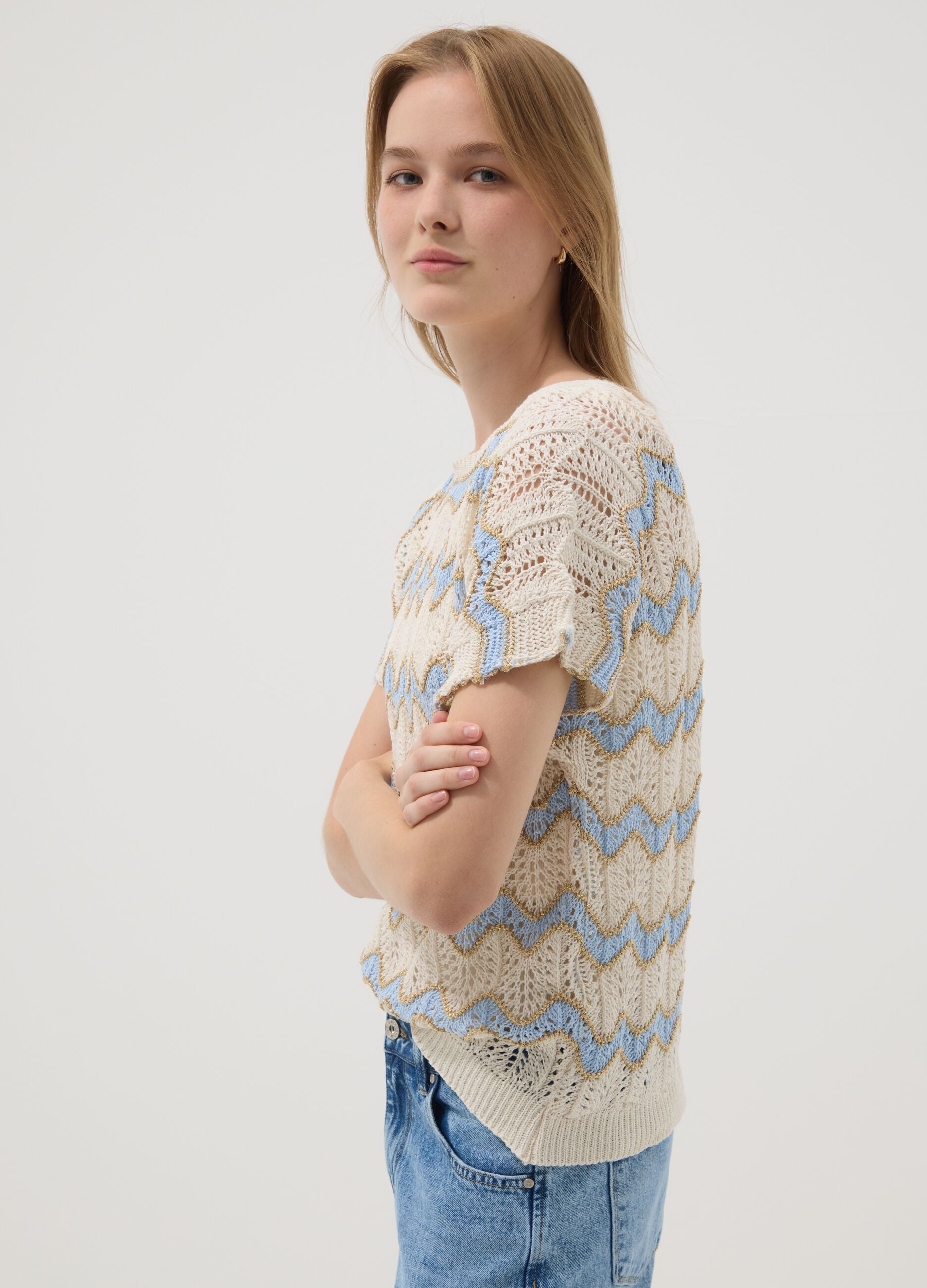 Beige stretch cotton T-shirt with openwork detailing
