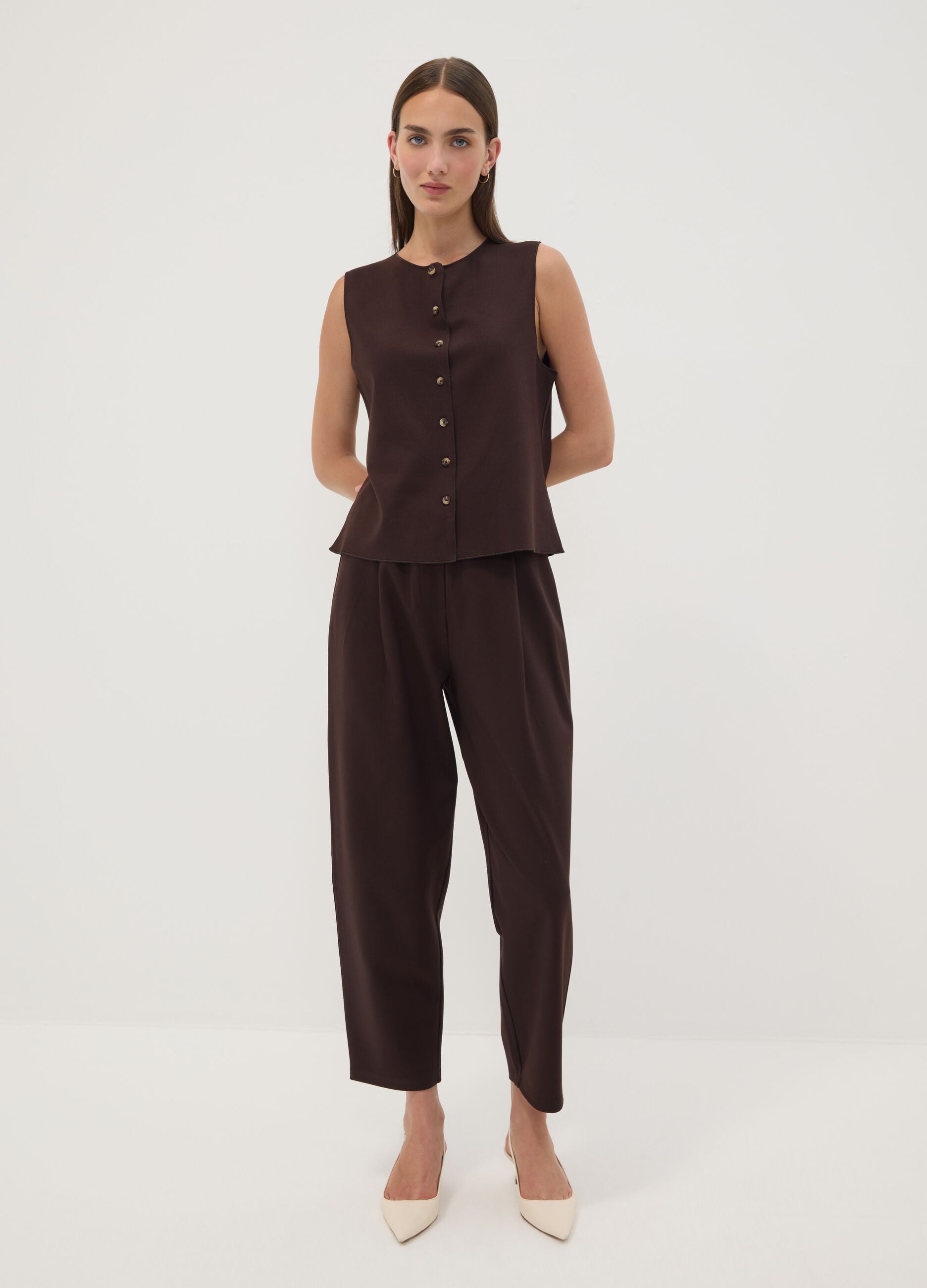 Brown stretch viscose Milano stitch barrel-fit jogger trousers