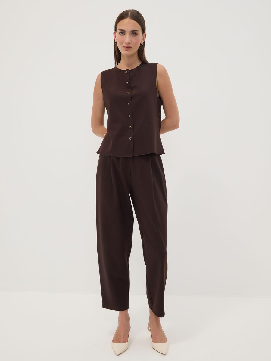 Pantaloni jogger marroni in punto Milano di viscosa elasticizzata barrel fit_0
