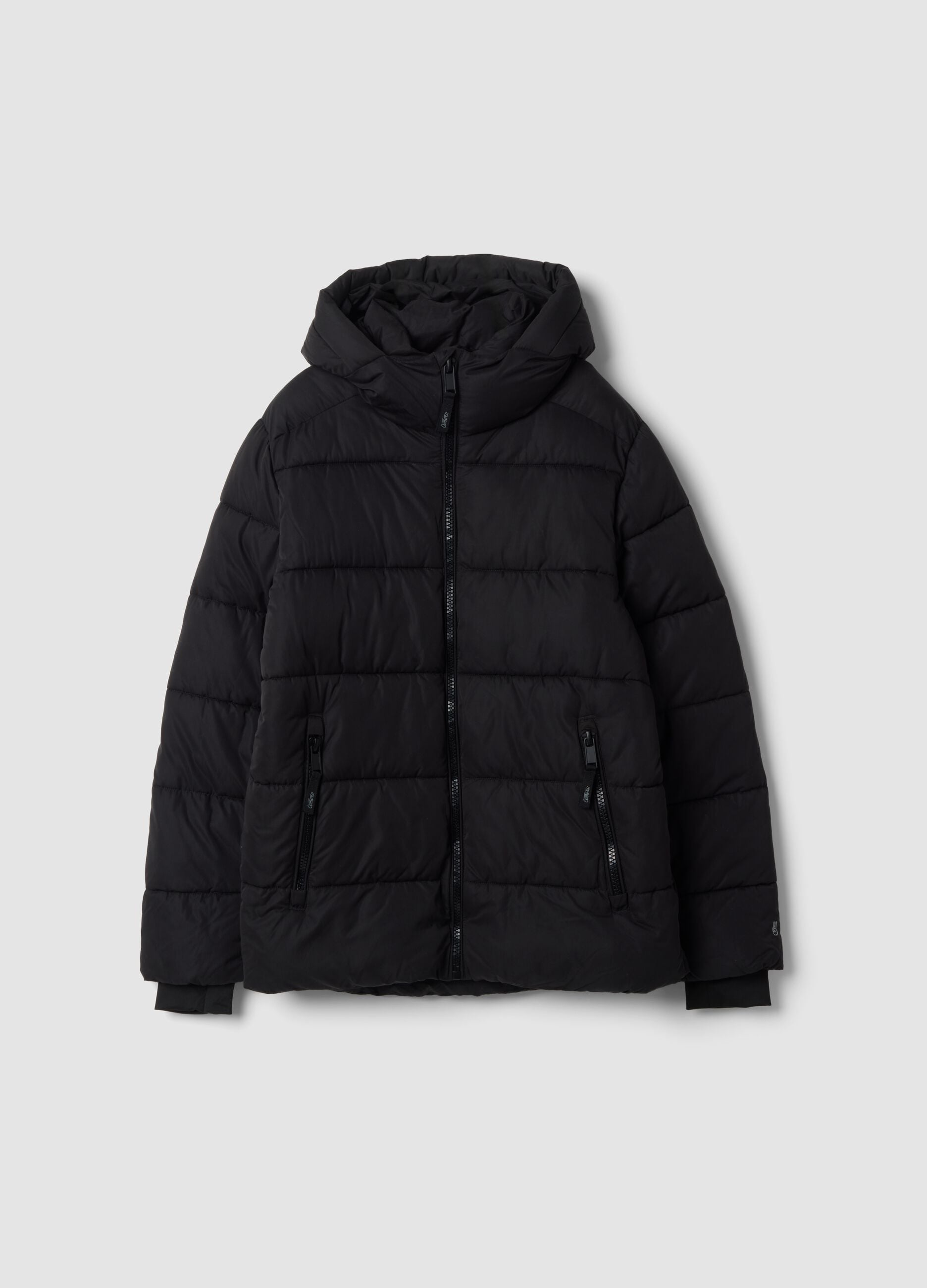 Black padded jacket with hood and zip