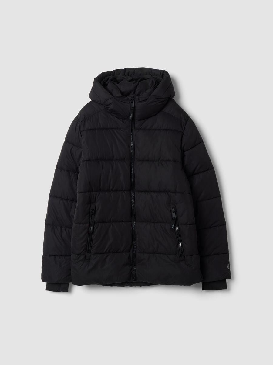 Black padded jacket with hood and zip_0